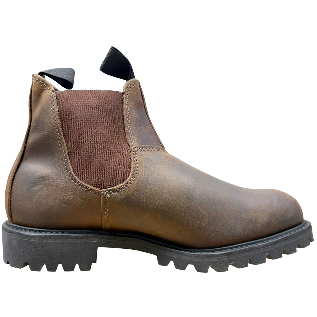A brown leather Chelsea boot with a distressed finish, featuring a brown elastic side panel and a black rubber sole, shown from a side profile on a white background.