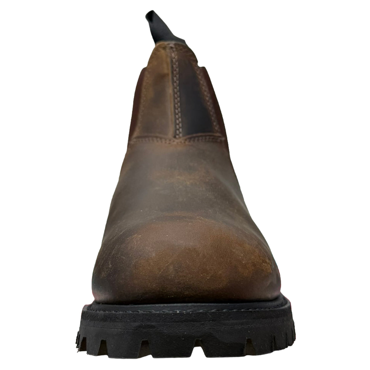 A single brown leather Chelsea boot shown from the front on a plain white background.