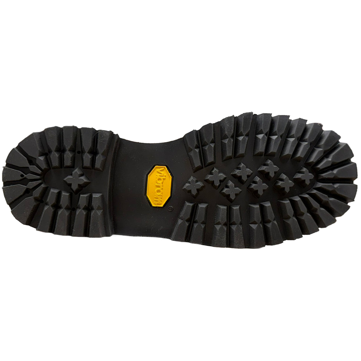 The black rubber outsole of a boot, featuring deep lugs and a yellow Vibram logo badge in the center, shown against a plain white background.