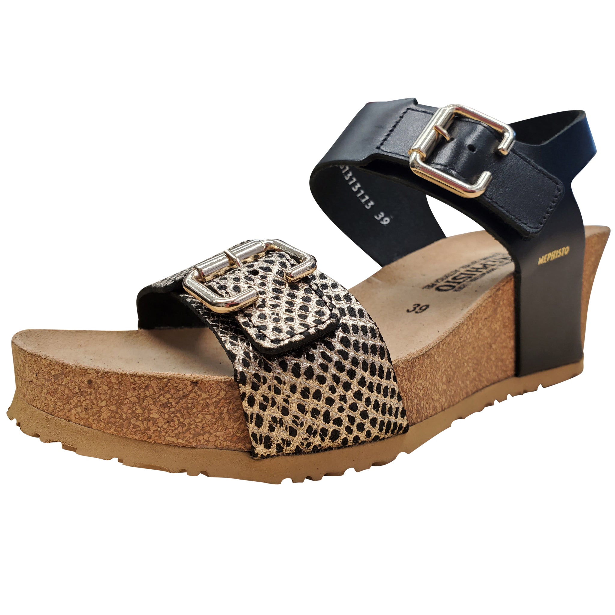 A pair of Mephisto women's sandals with cork footbed and wedge heel, featuring wide straps with adjustable metal buckles and a non-slip sole.