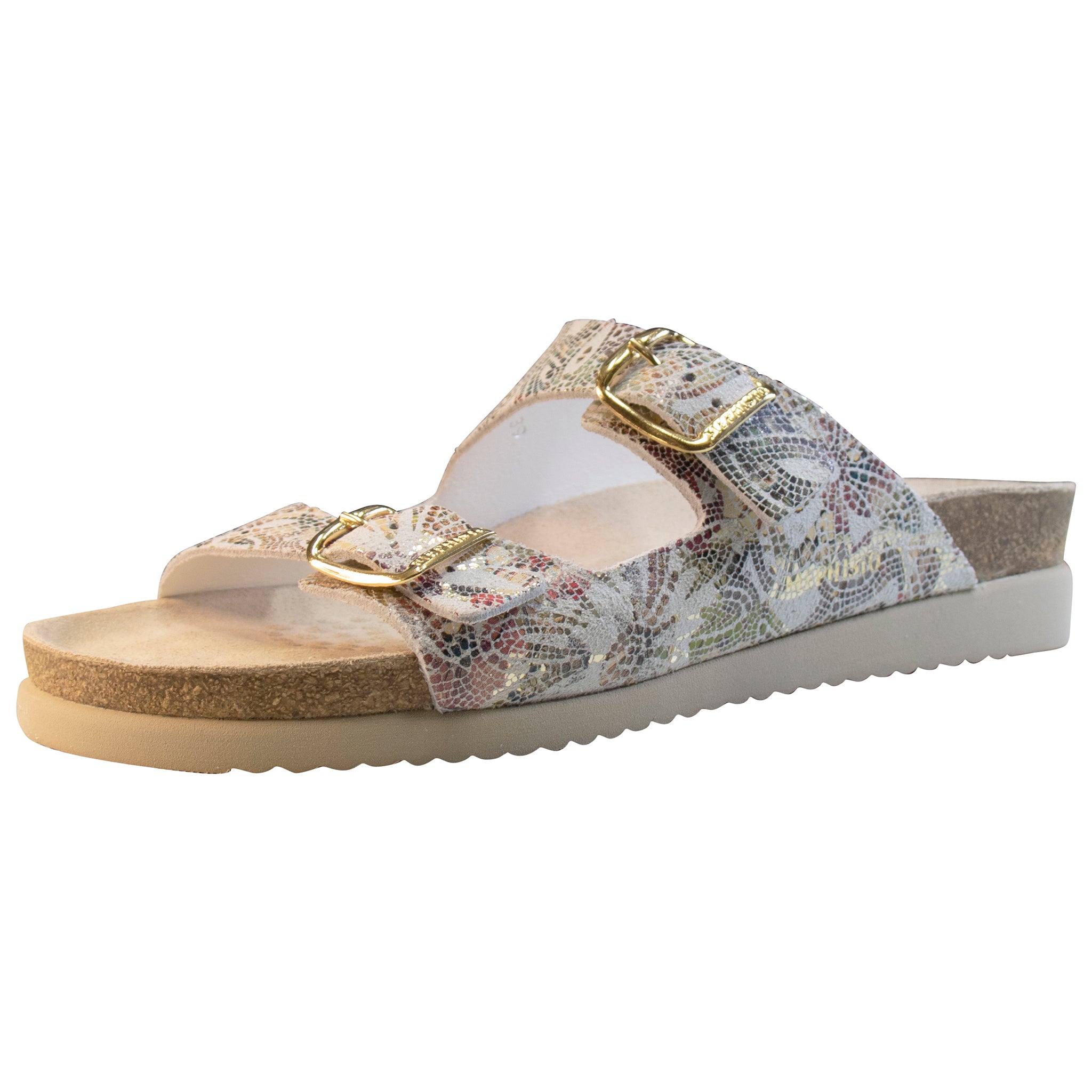 Floral sandal with a gold buckle on a white background