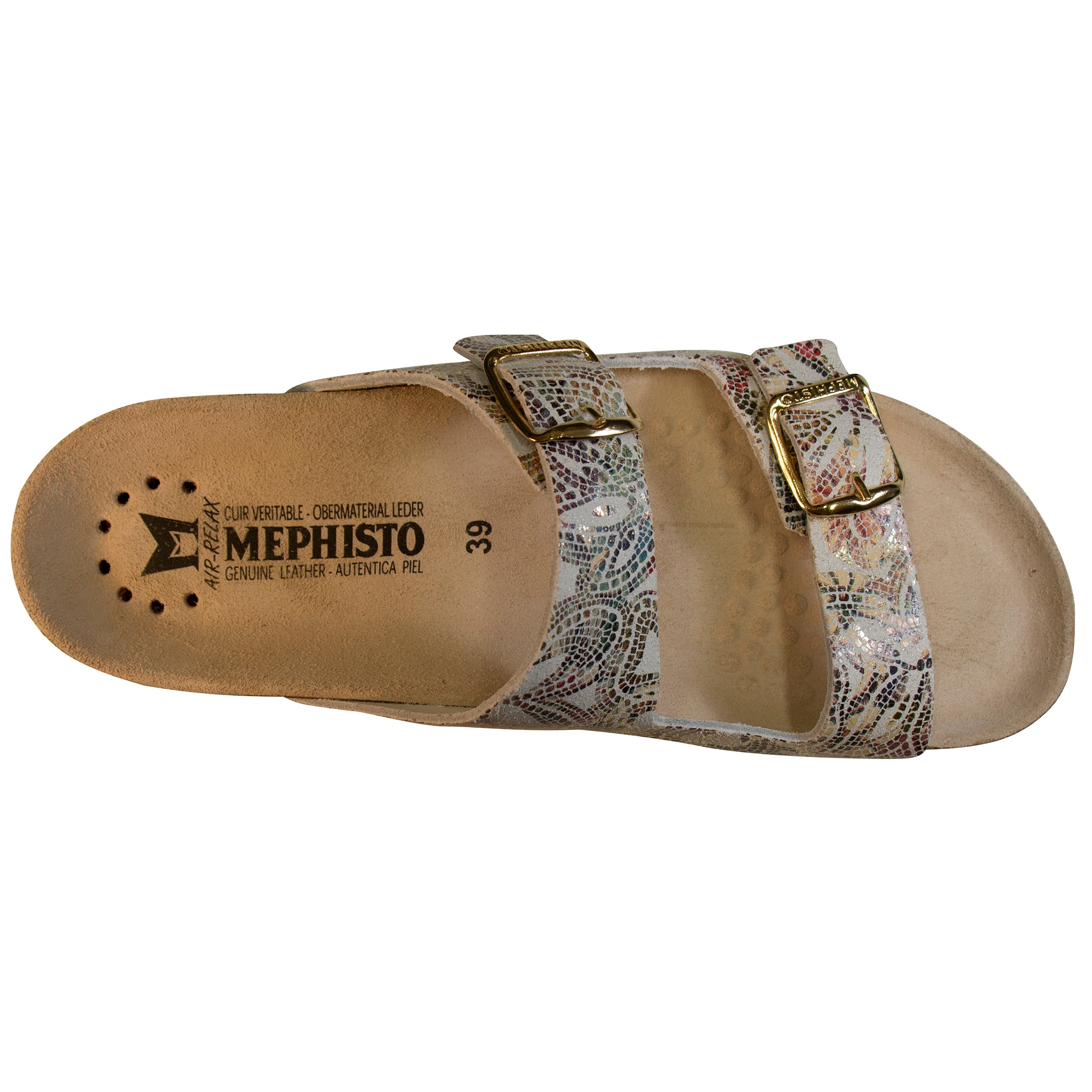 Mephisto sandal with floral strap on a white background