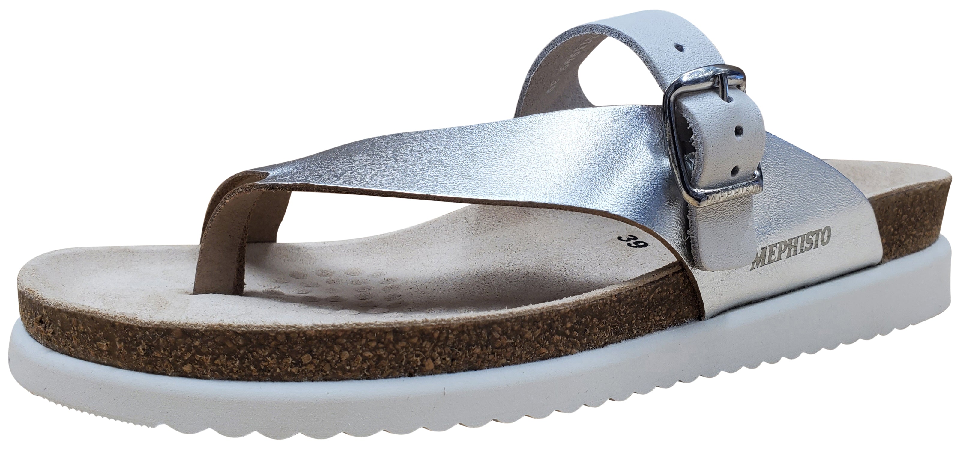 A pair of Mephisto Helen Sandal Silver Vega with a cork footbed, glove-soft leather uppers, and a light wedge heel.