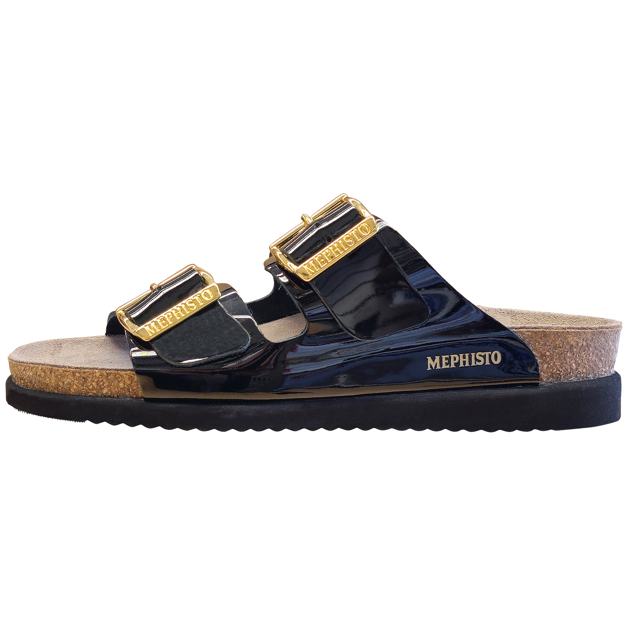Black sandal with gold buckles on a white background
