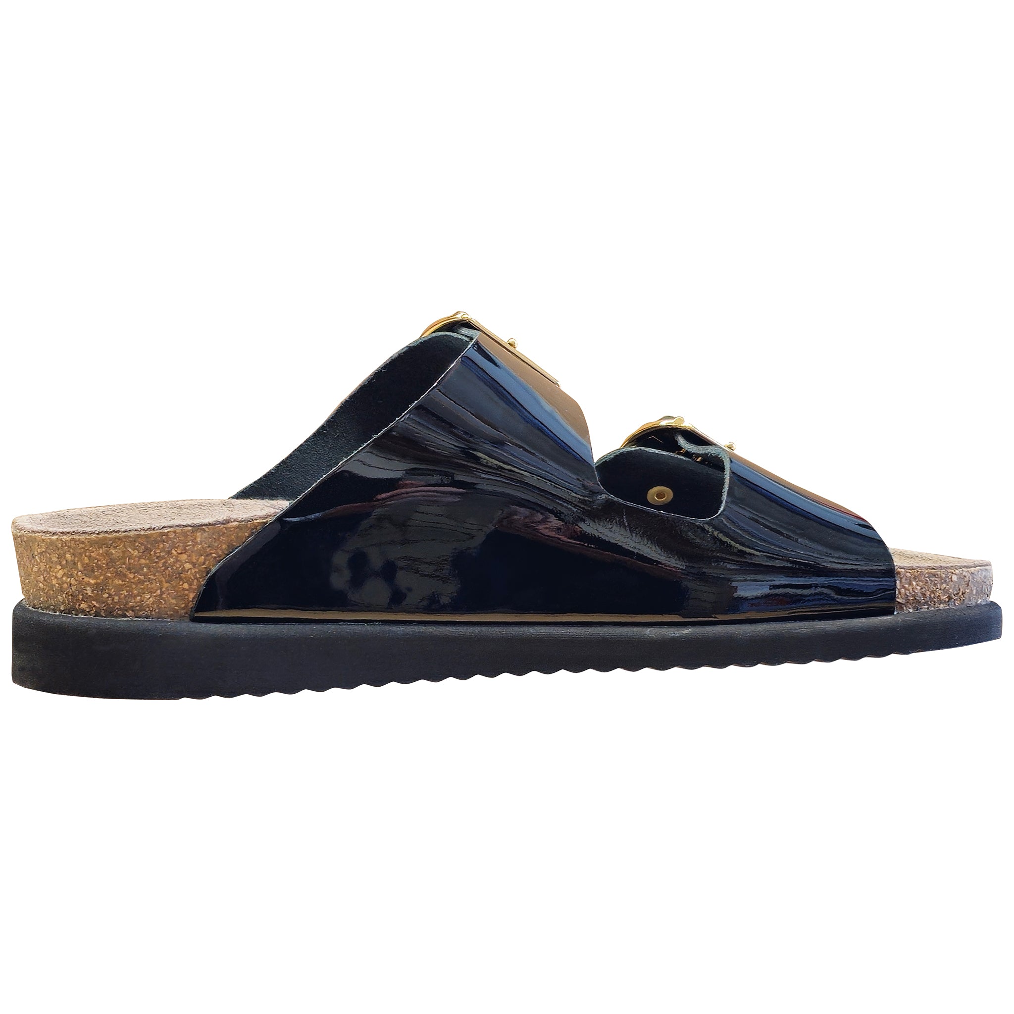 Black patent leather sandal with cork sole on a white background