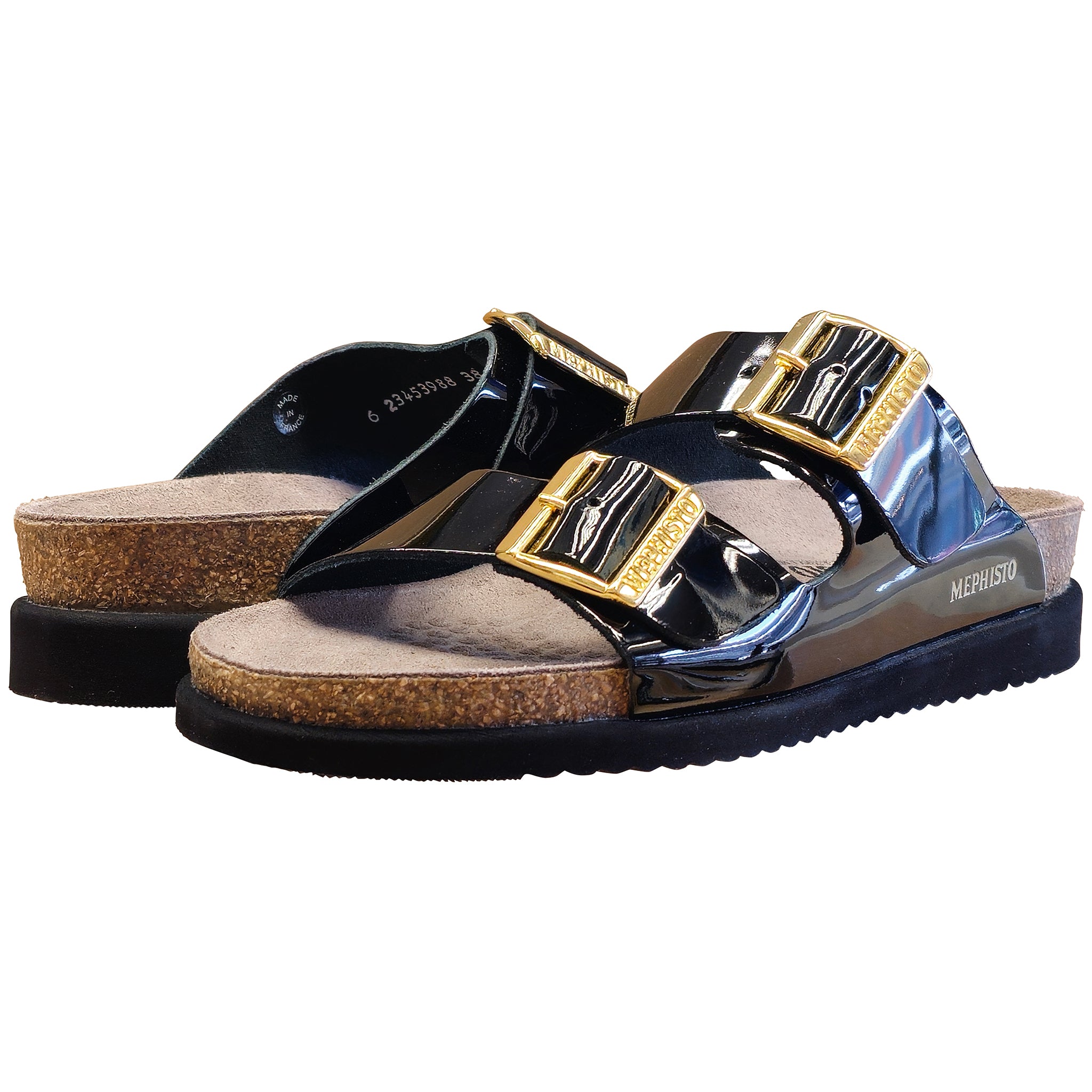 Pair of sandals with gold buckles on a white background