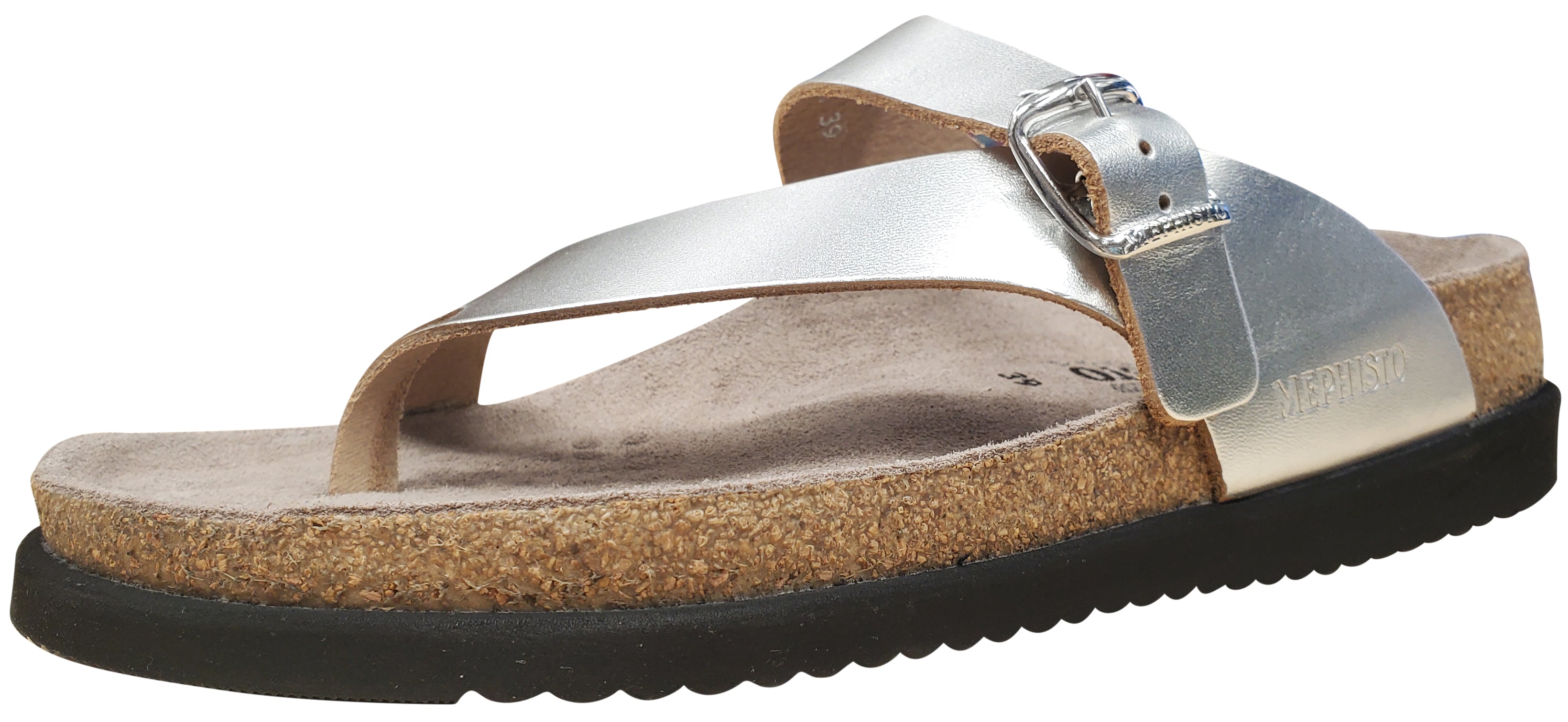 A women's sandal with a cork footbed, glove-soft leather uppers, and a silver Vega buckle.