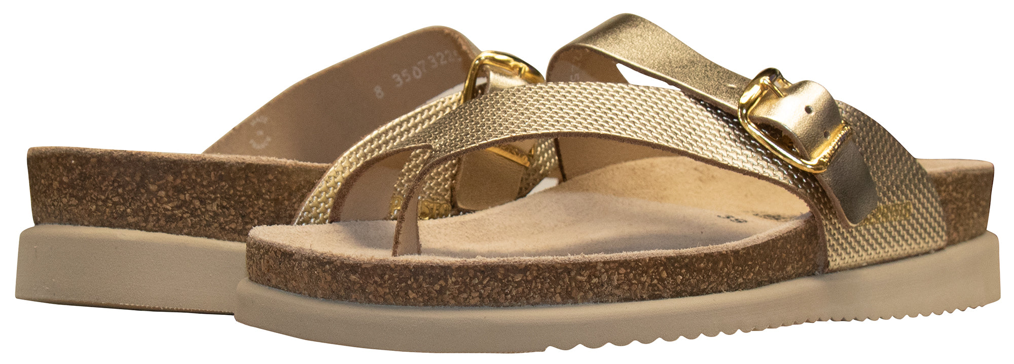 A pair of Mephisto women's sandals in gold color with cork footbed and leather straps.