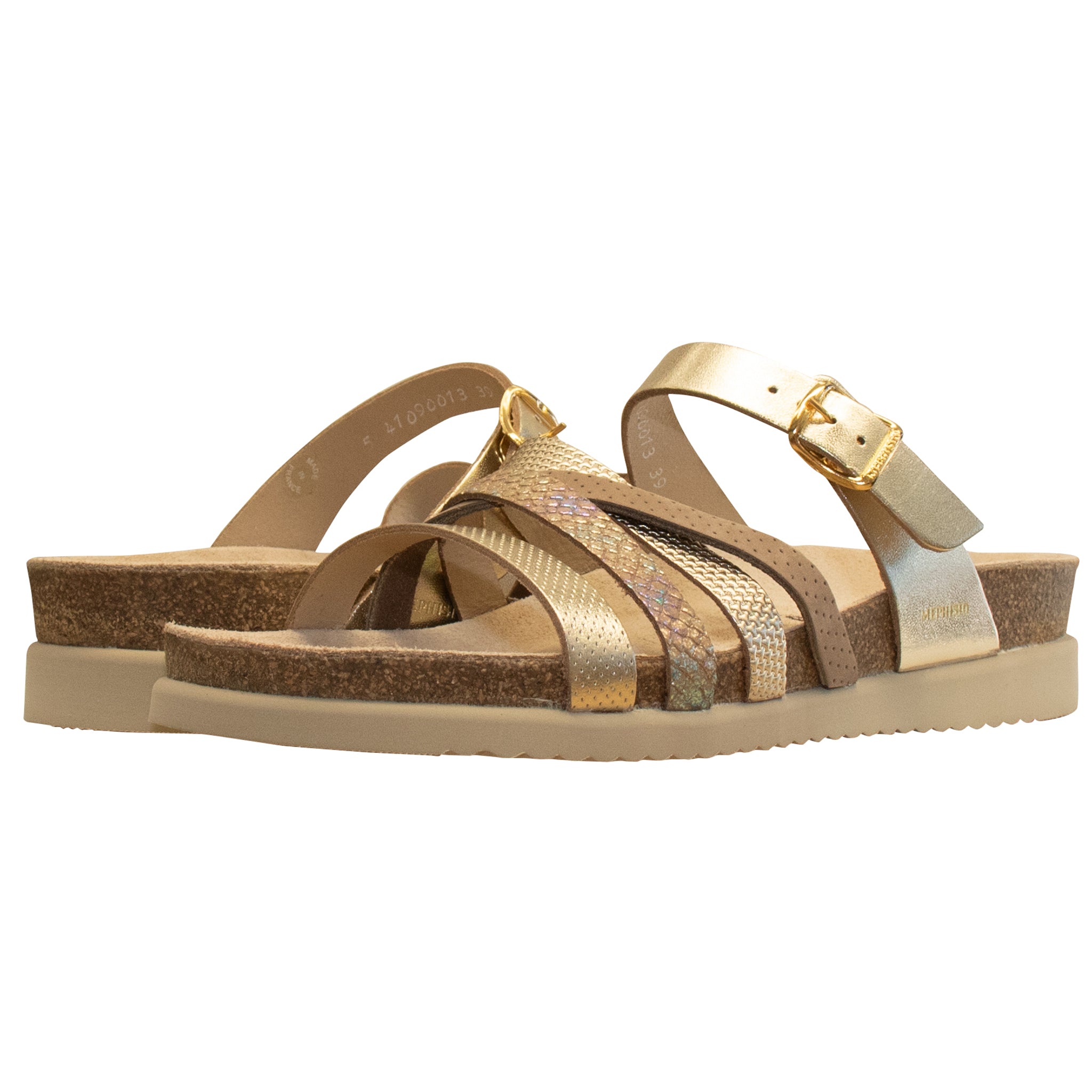 Gold sandals with cork sole on a white background
