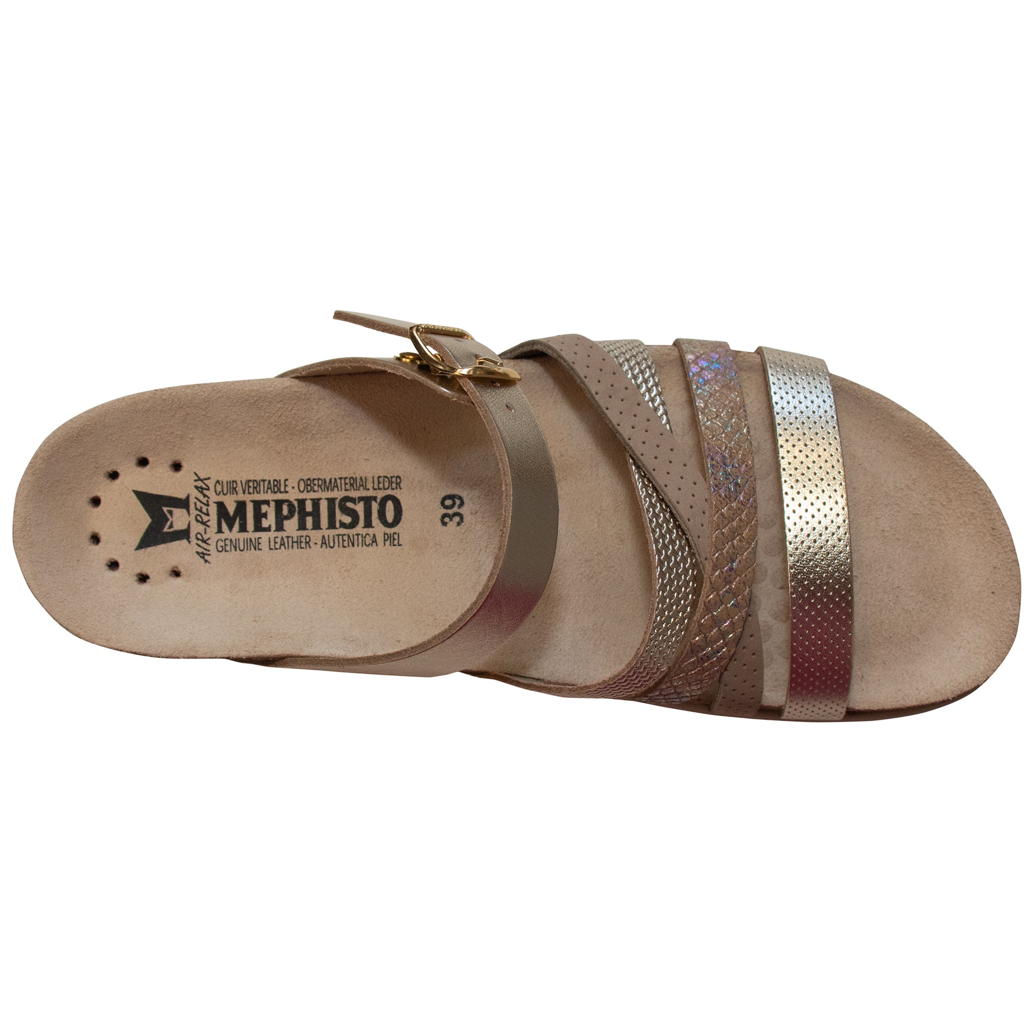 Mephisto sandal with metallic strap on a white background
