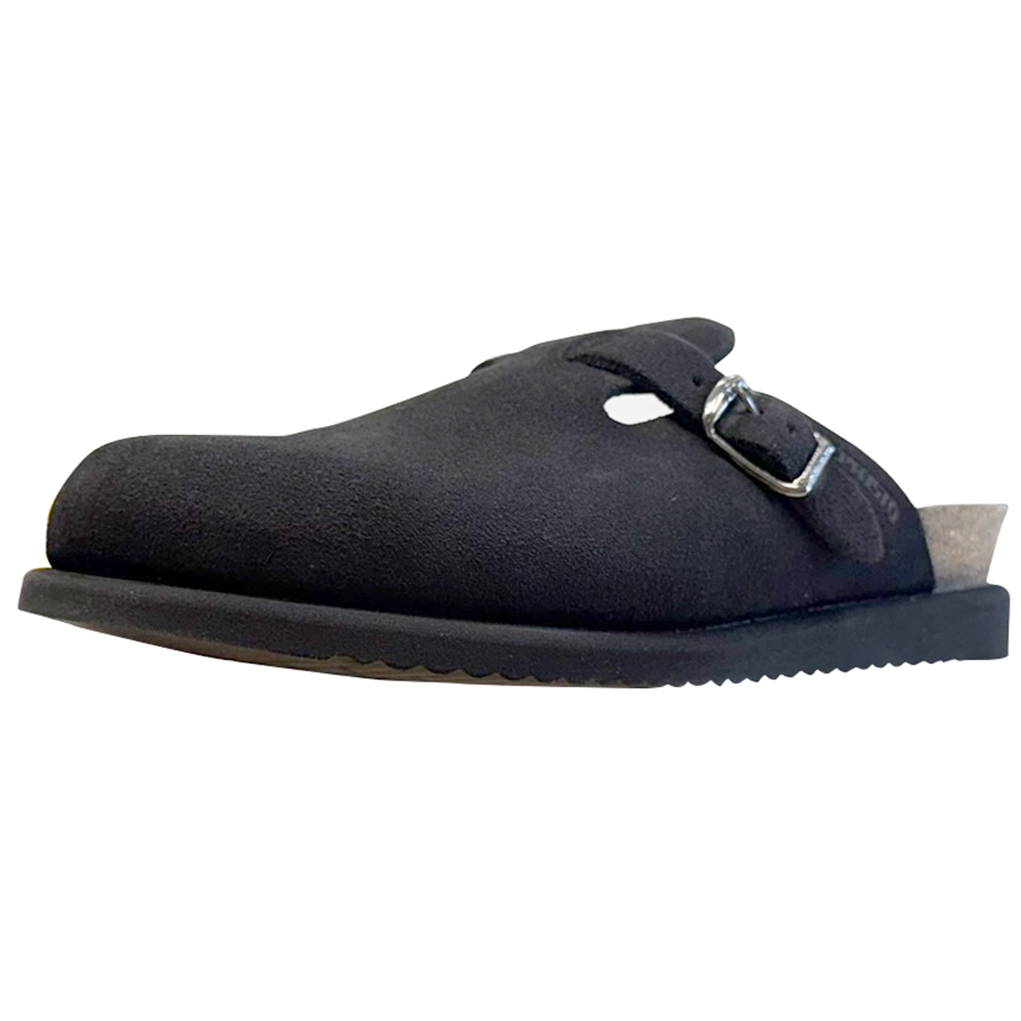 A single black clog-style mule shoe with a suede-like finish, a single strap across the top with a silver buckle, and a thick black sole, shown against a plain white background.