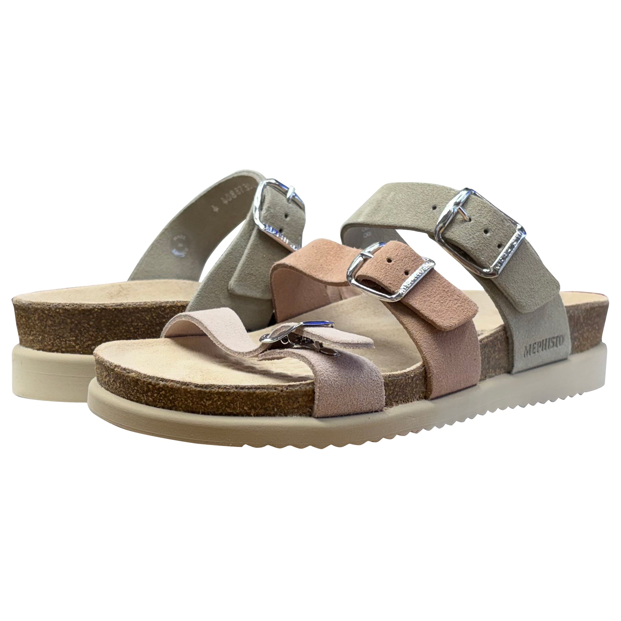Pair of sandals with multiple straps on a white background