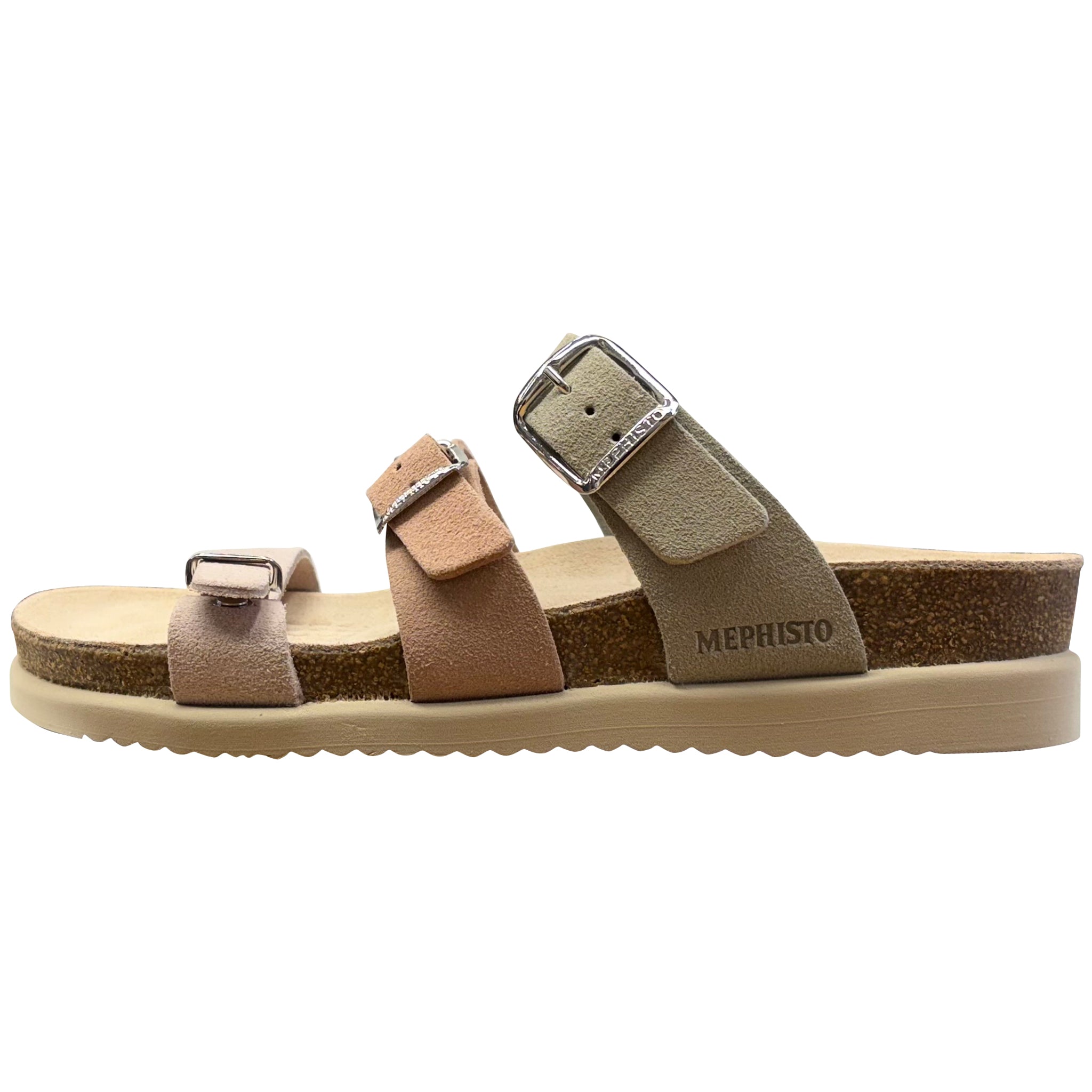 Pair of sandals with multiple straps on a white background
