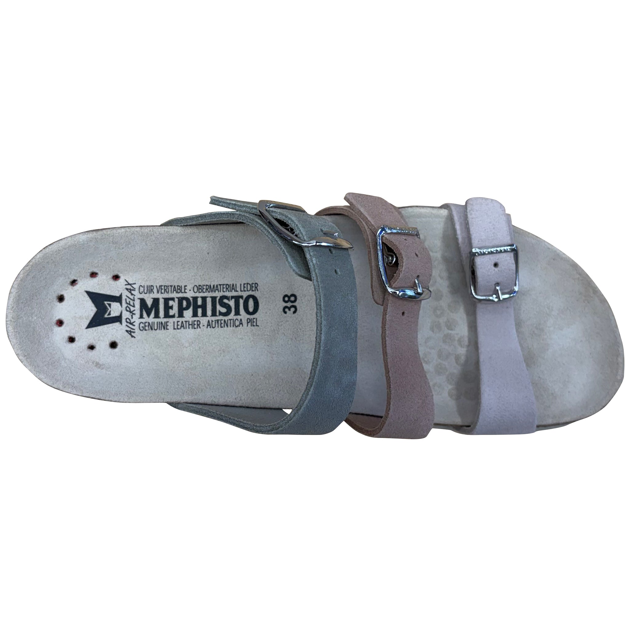 Gray sandal with multiple straps on a white background, featuring Mephisto branding.