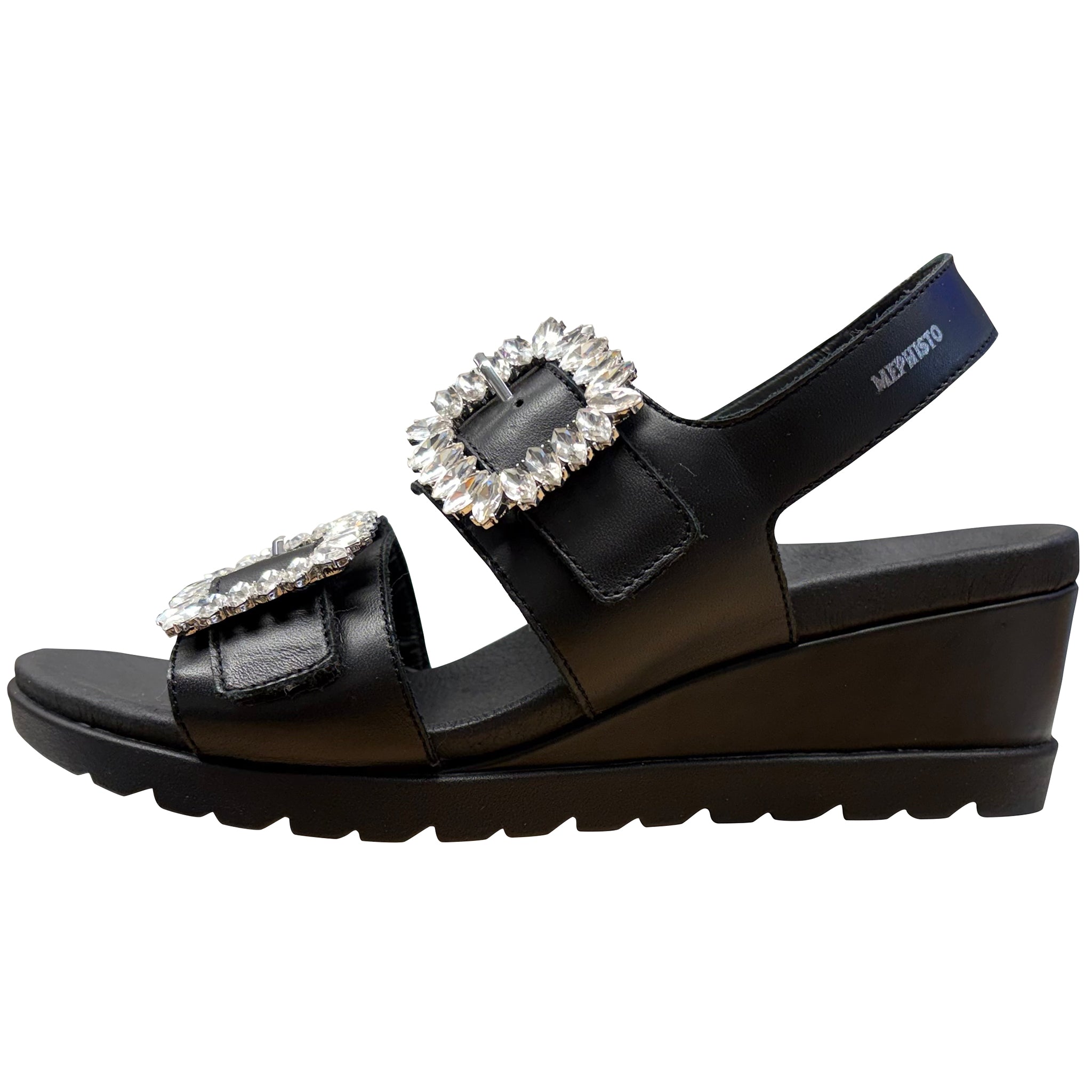 Black sandal with crystal embellishments on a white background