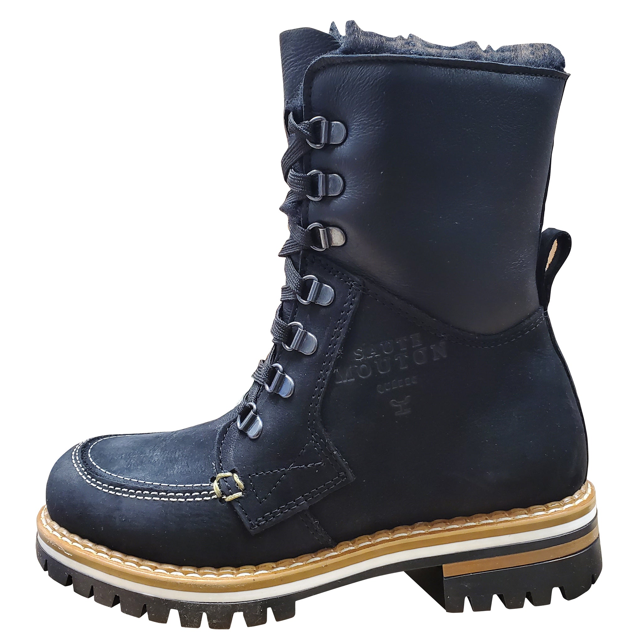 Navy blue boot with a brown sole on a white background