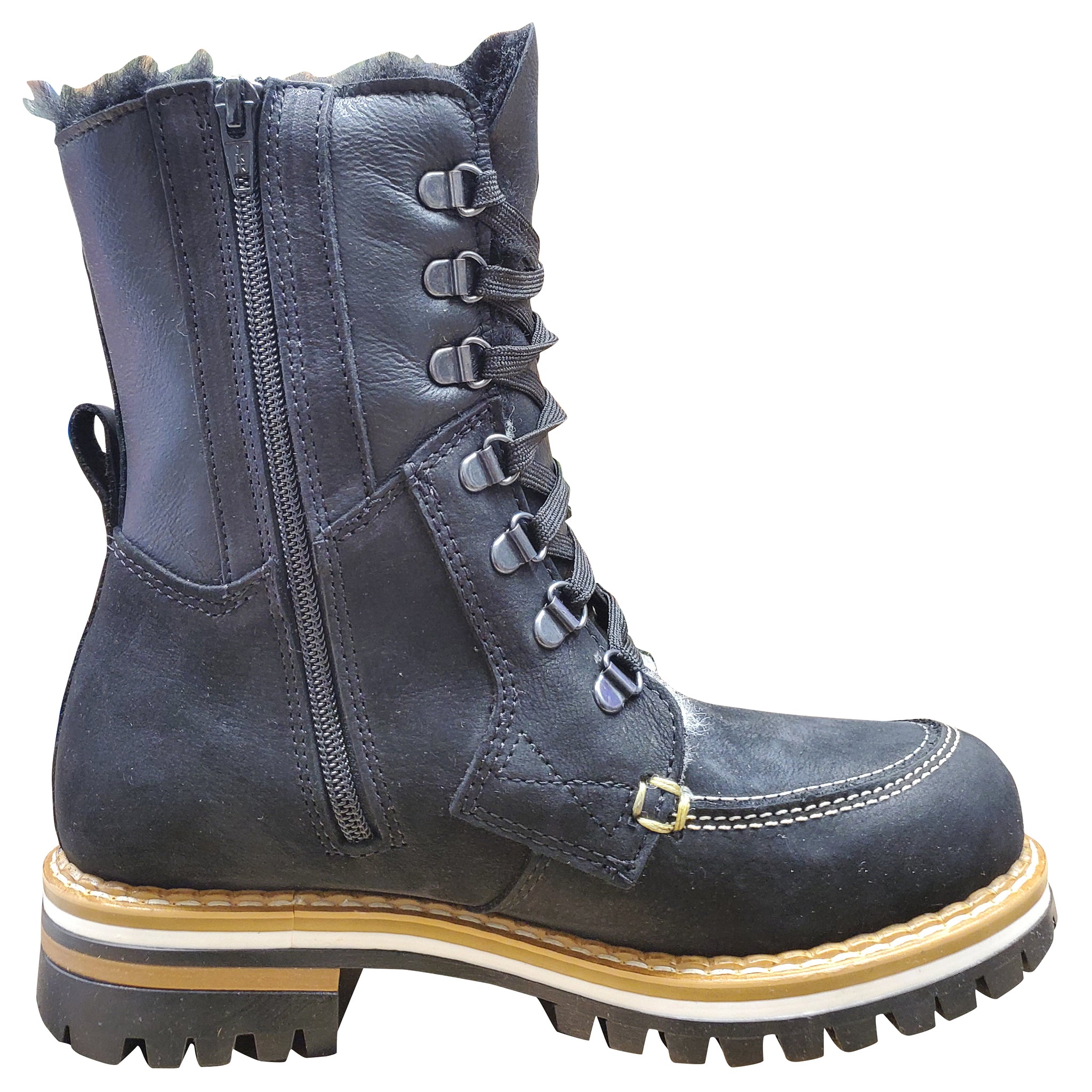 Blue leather boot with a yellow sole on a white background