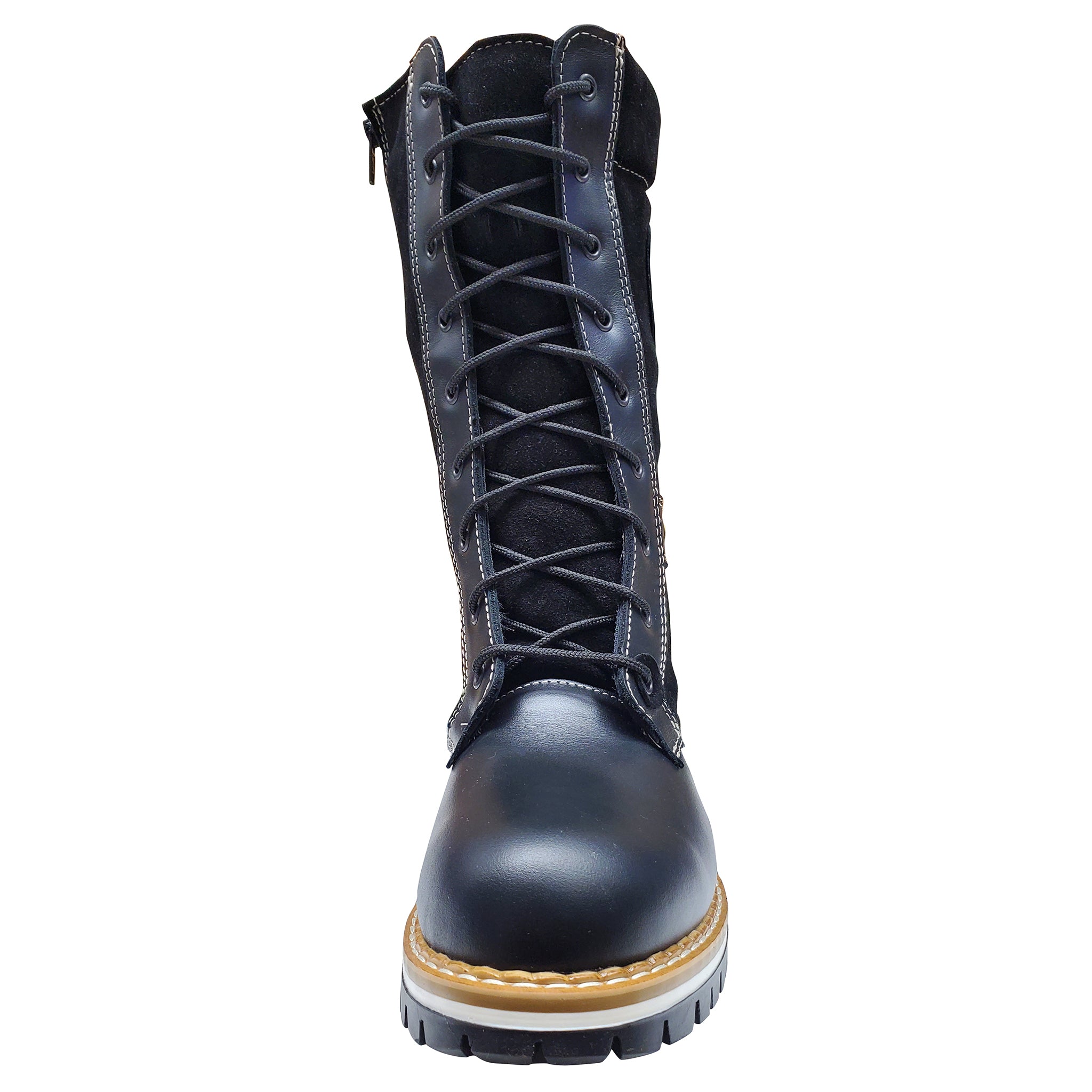Black boot with laces on a white background