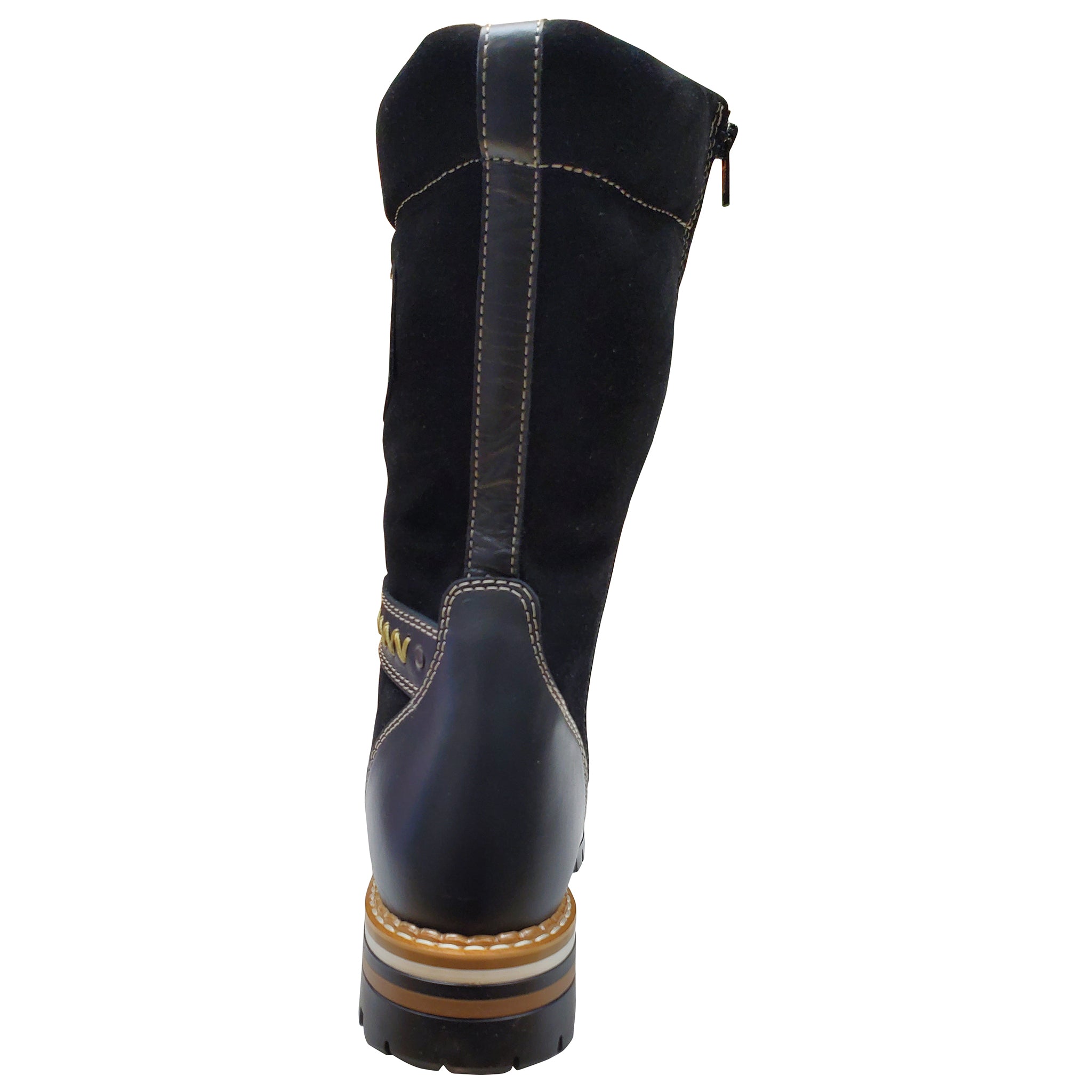 Black boot with brown sole on a white background