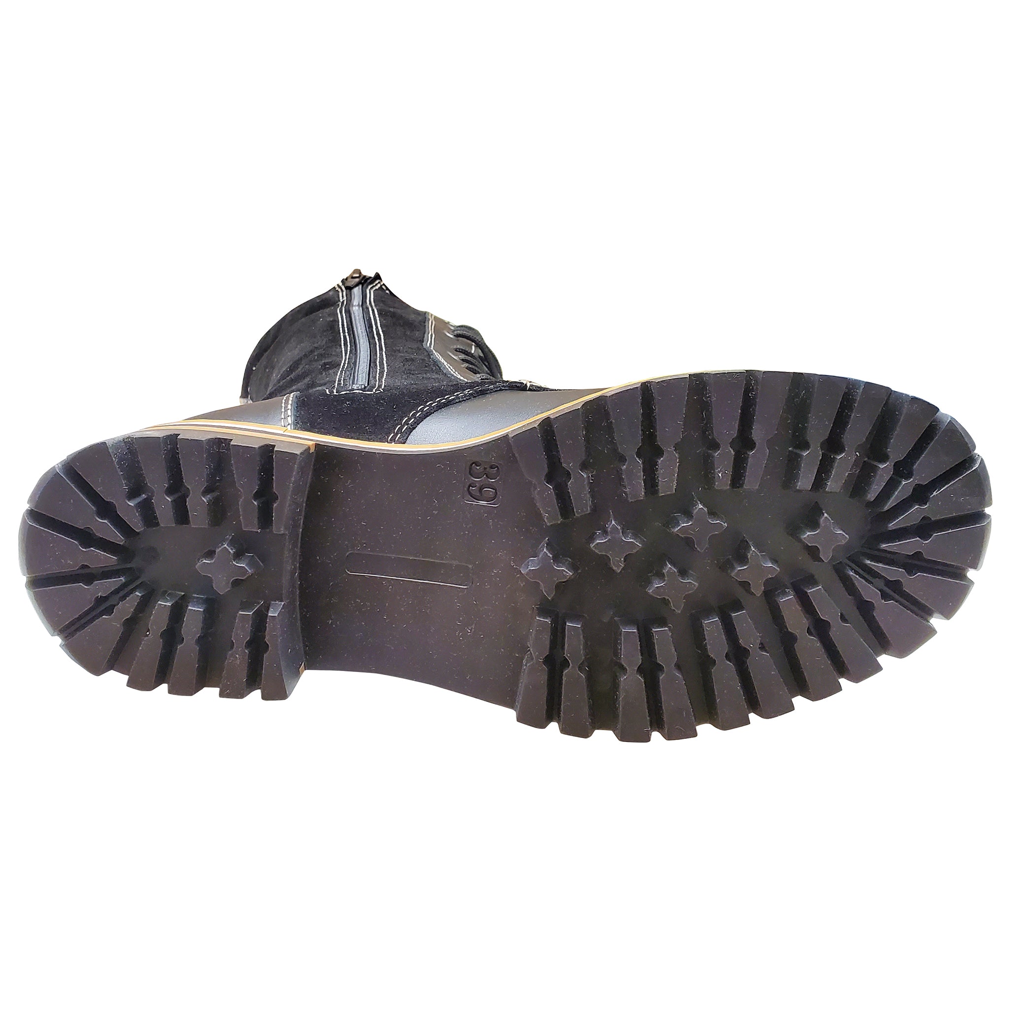 Close-up of a black boot sole with tread pattern on a white background