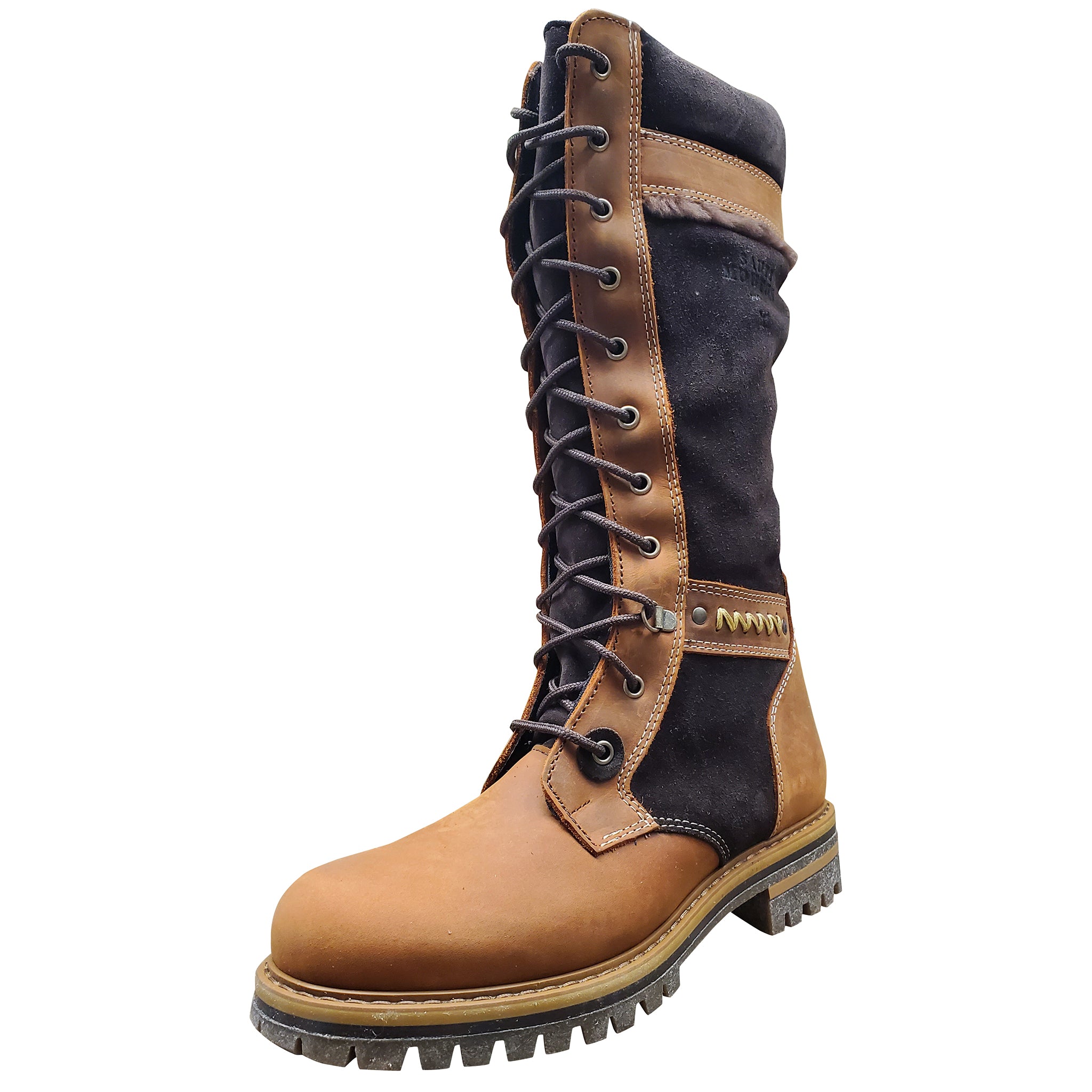 Brown and black leather boot with laces on a white background