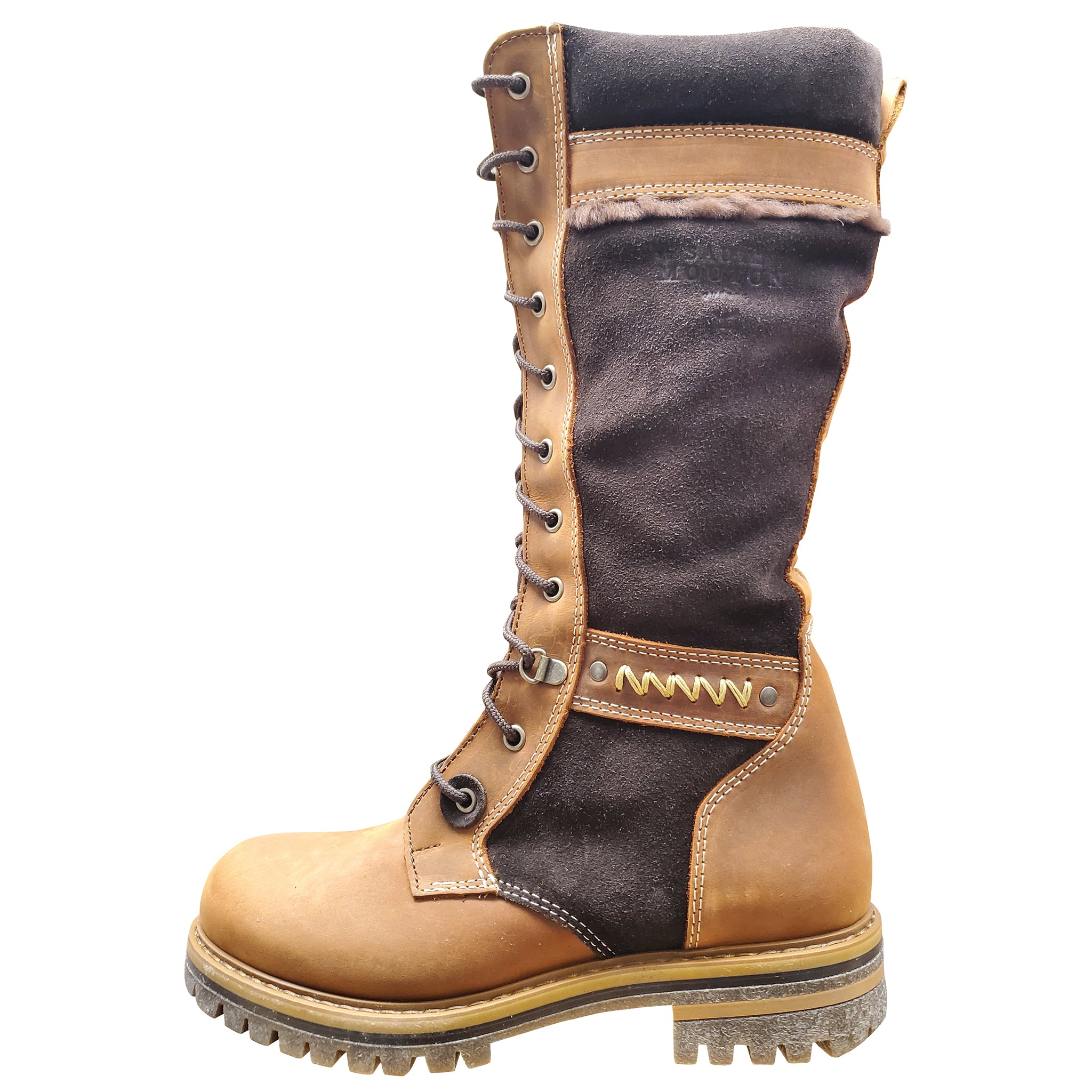 Brown leather boot with black gaiter on a white background