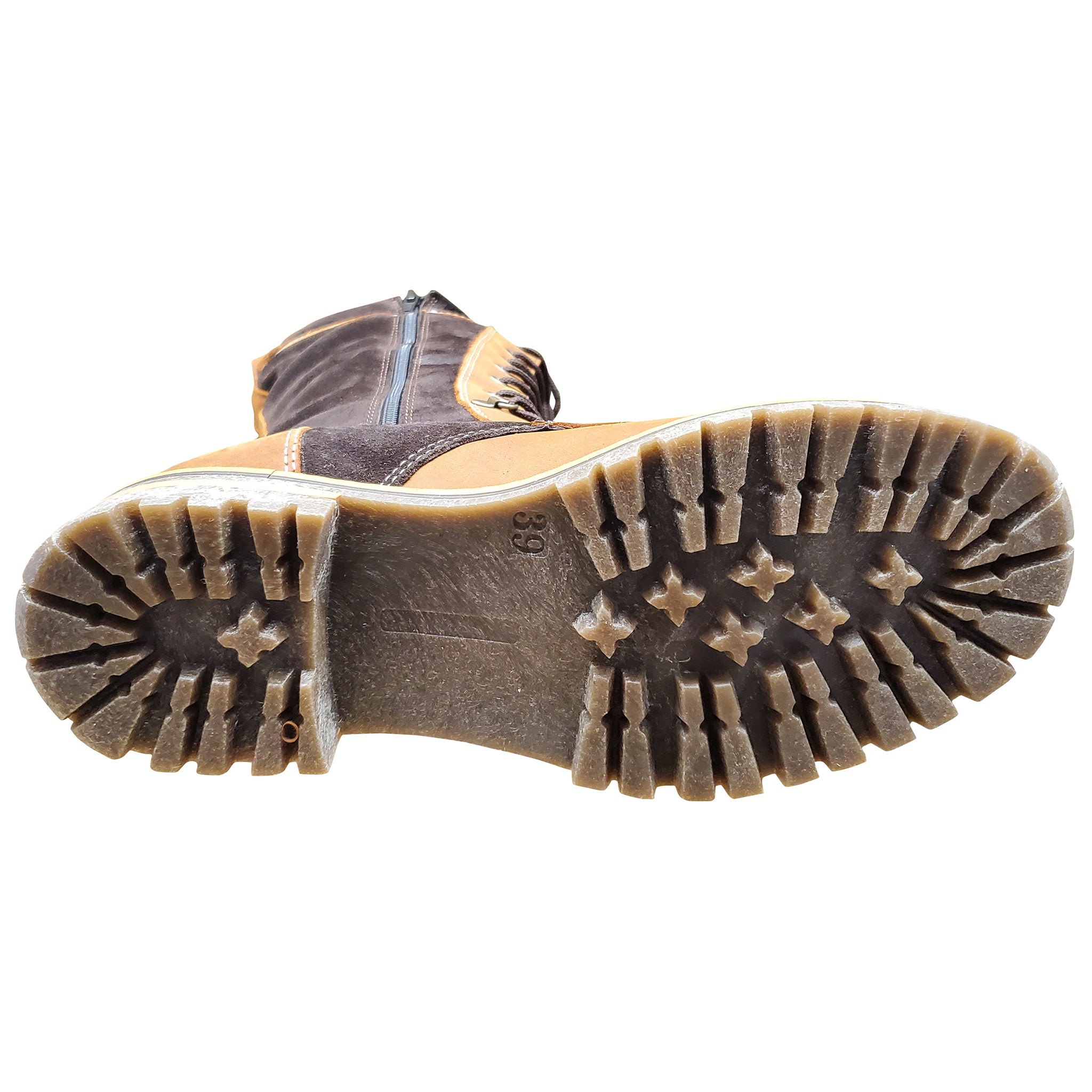 Close-up of a boot sole with tread pattern on a white background