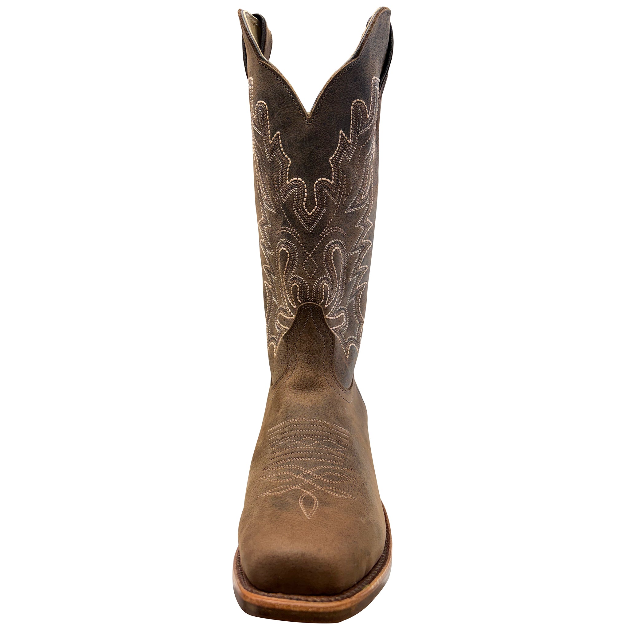 Brown cowboy boot with intricate white stitching on a white background