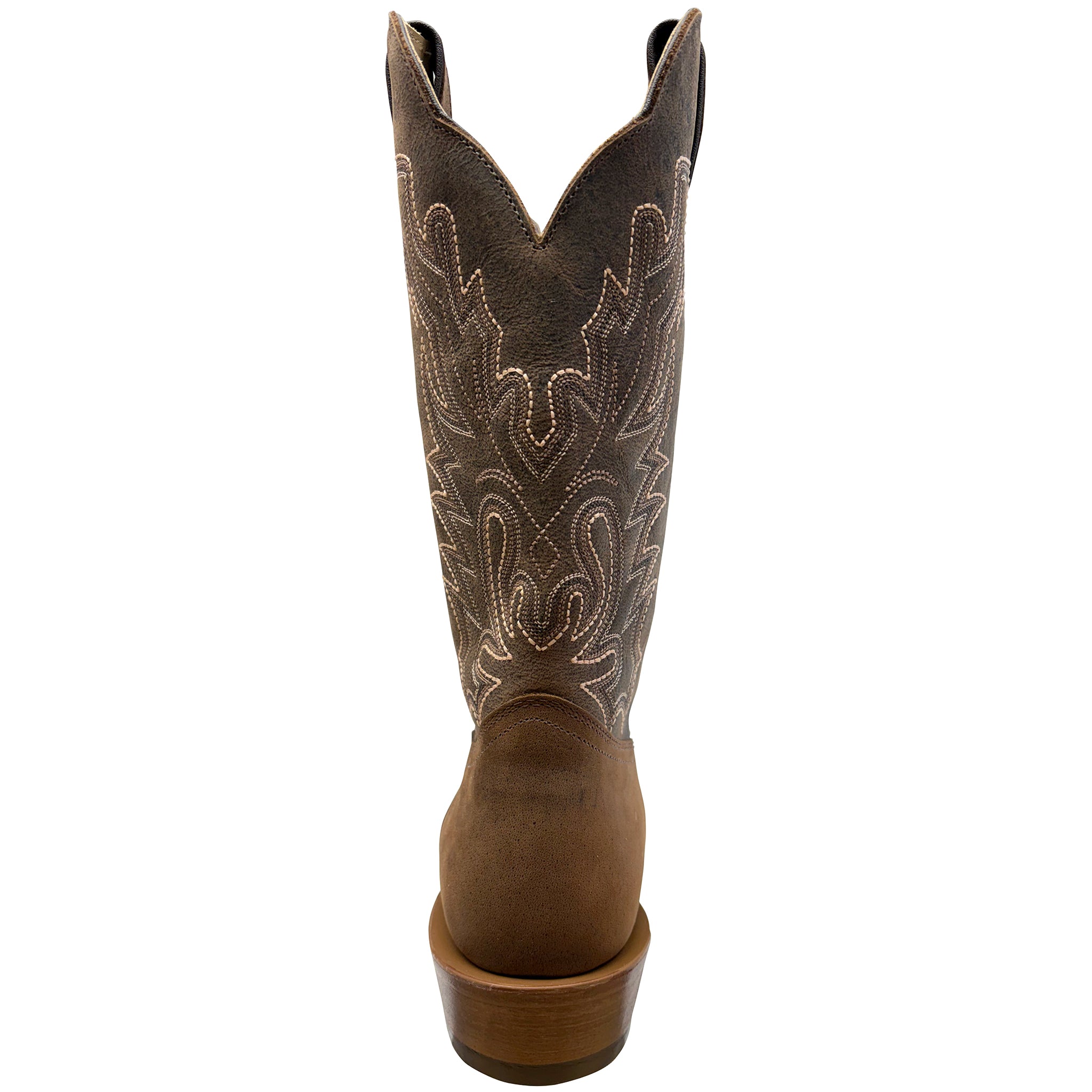 Brown cowboy boot with intricate white stitching on a white background