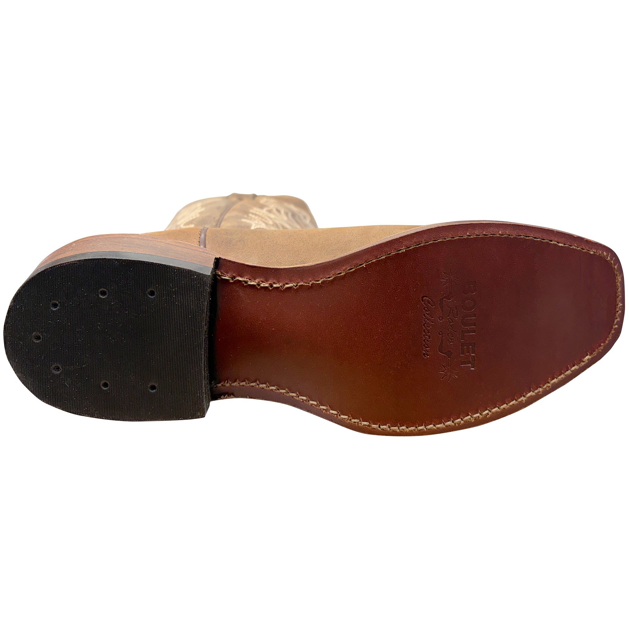 Close-up of a brown leather boot sole on a white background