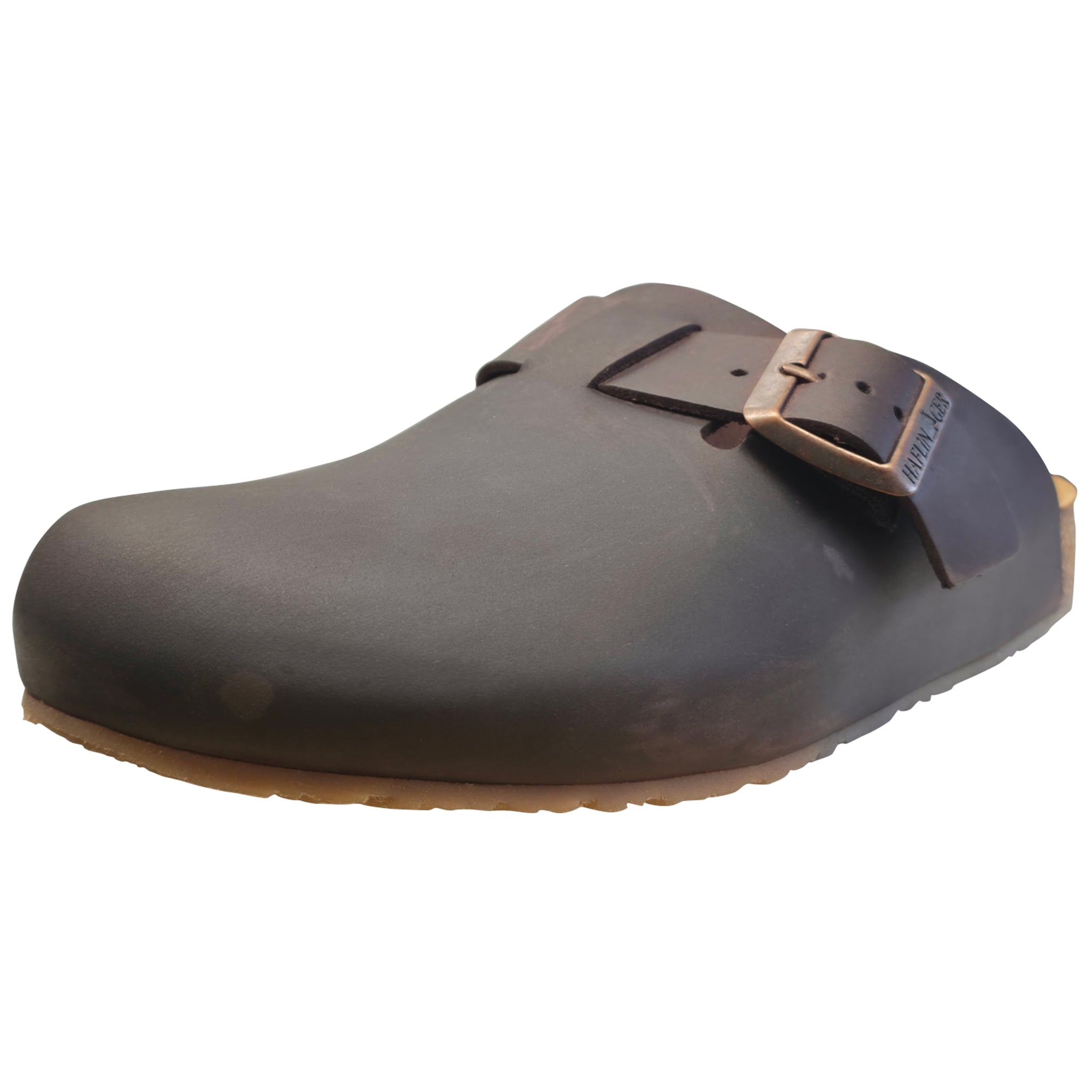 Brown leather clog shoe with a buckle on a white background