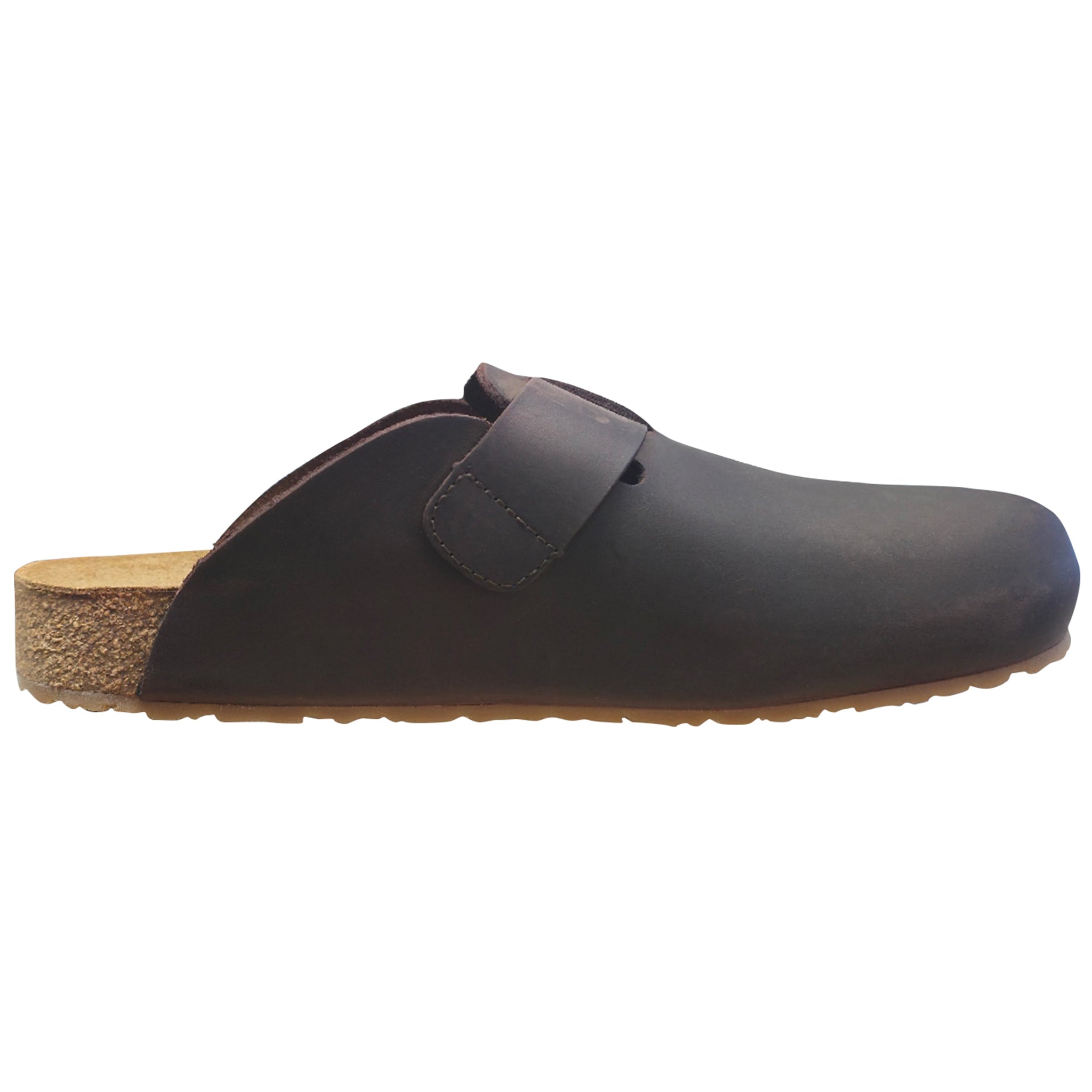 Black clog shoe with cork sole on a white background