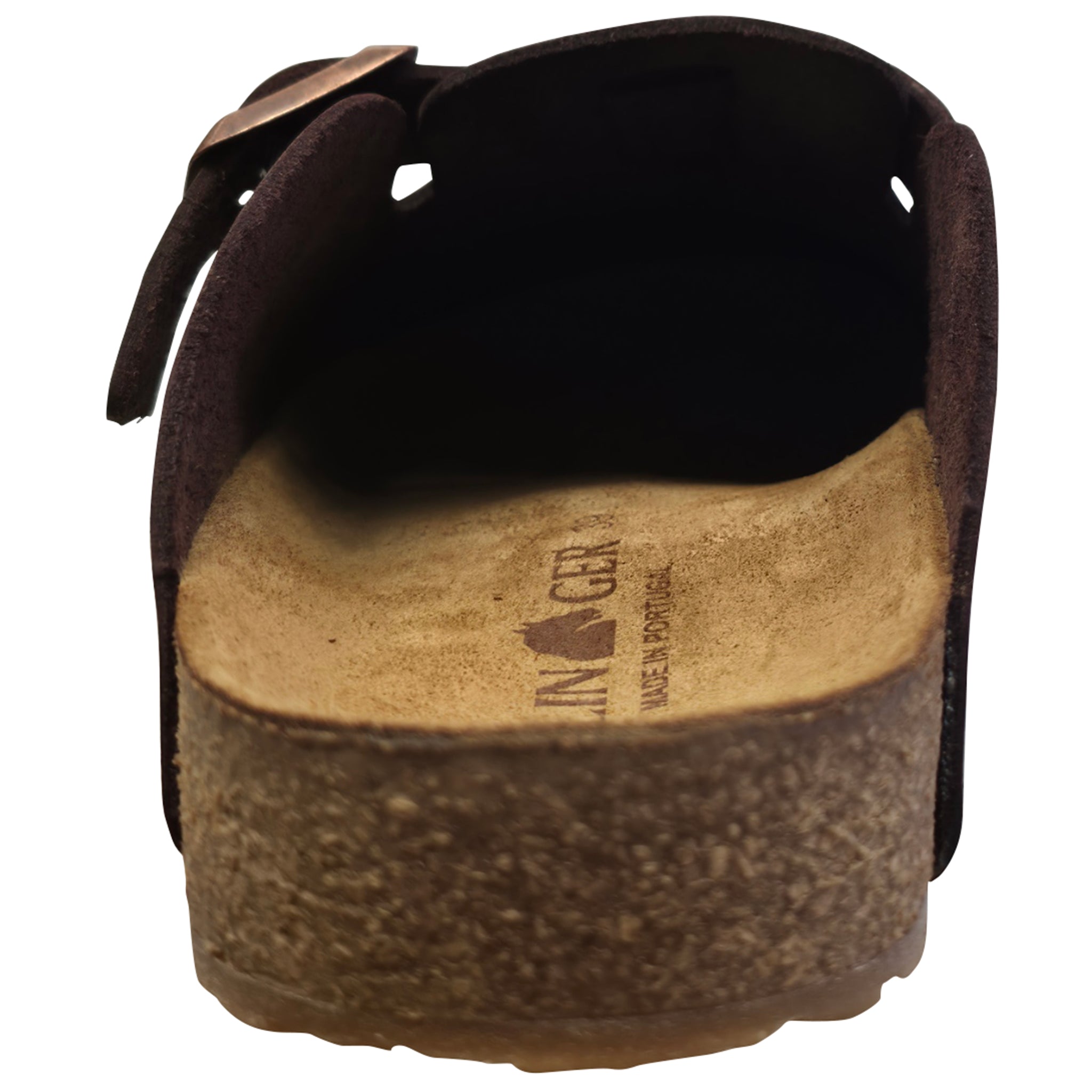 Brown sandal with cork sole and visible brand logo on a white background