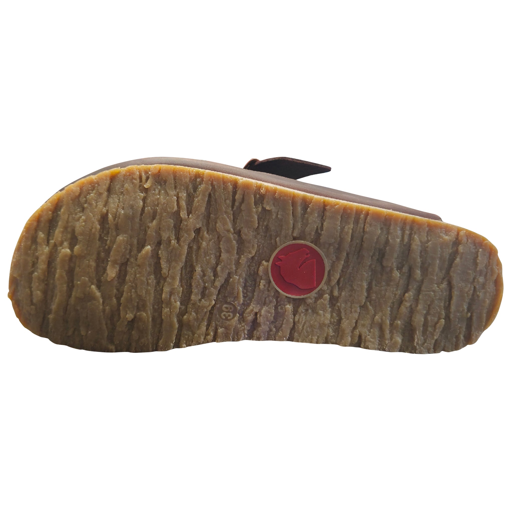 Close-up of a sandal sole with a textured pattern and red circular logo on a white background