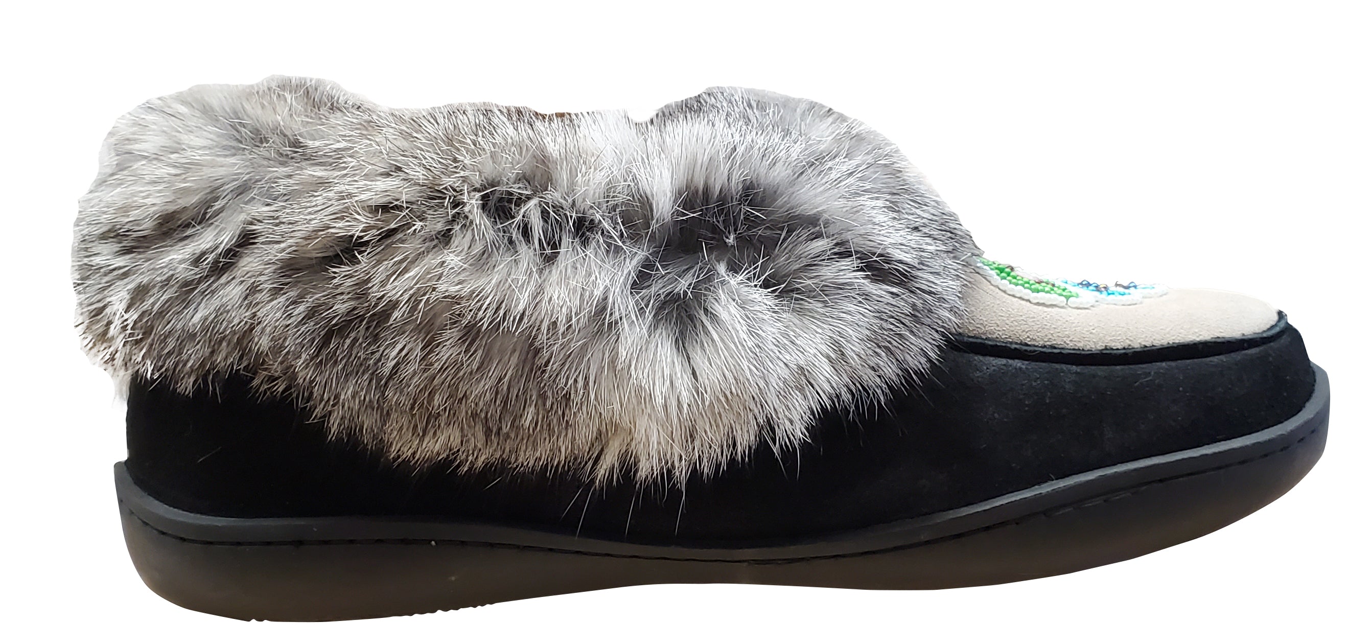 Women's Suede Slipper, lined, rubber, Chinchilla Rabbit, Black