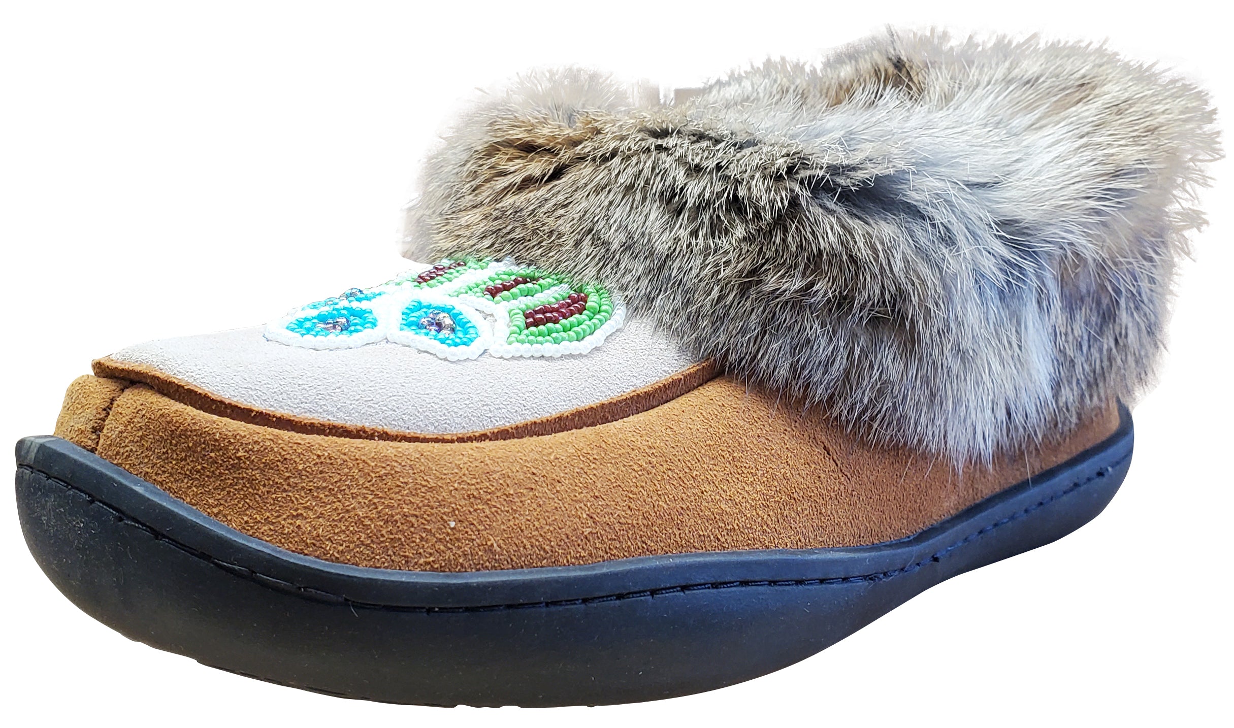 Women's Suede Slipper, lined, rubber, Chinchilla Rabbit, Hazelnut