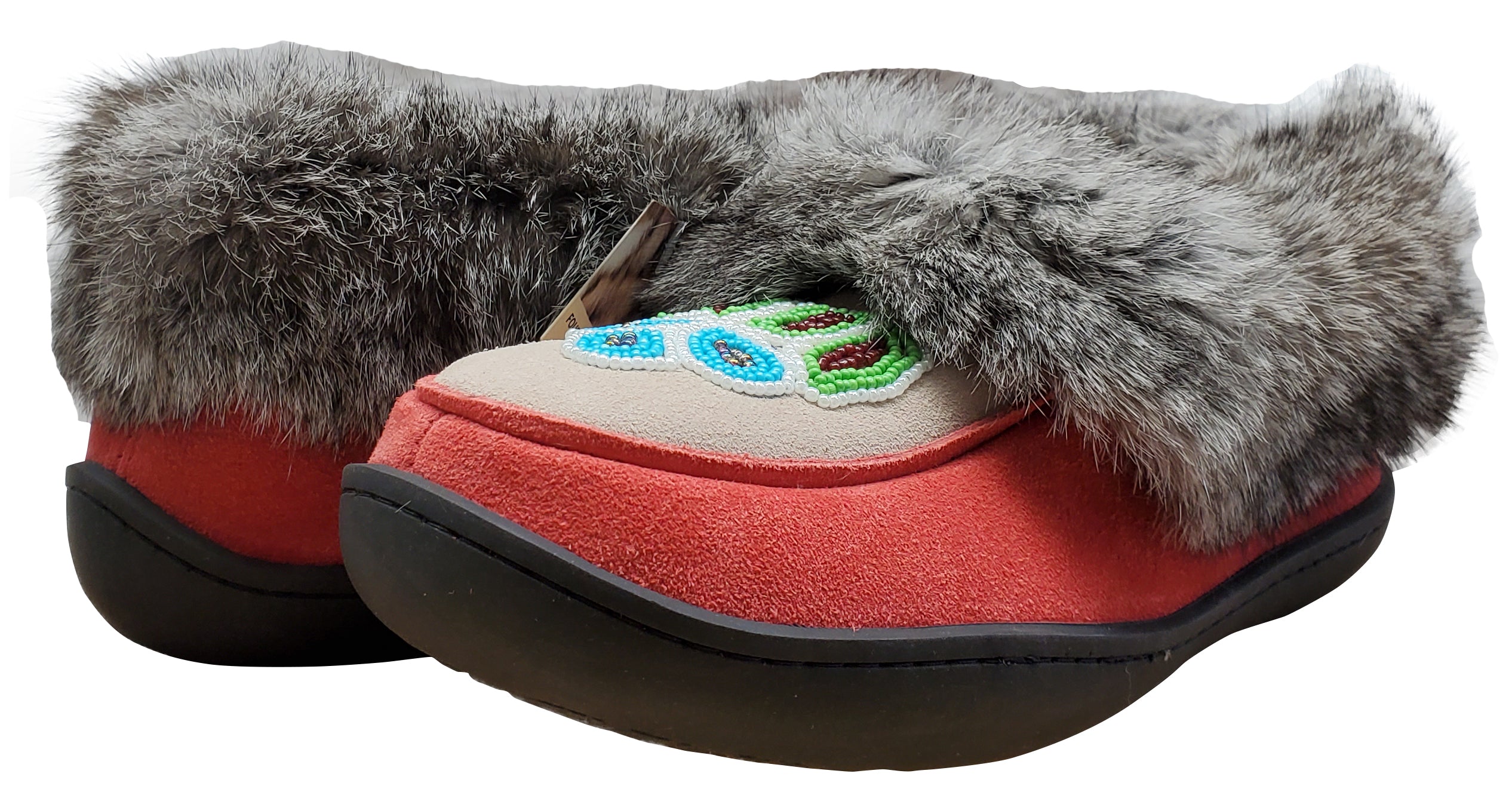 Women's Suede Slipper, lined, rubber, Chinchilla Rabbit, Red