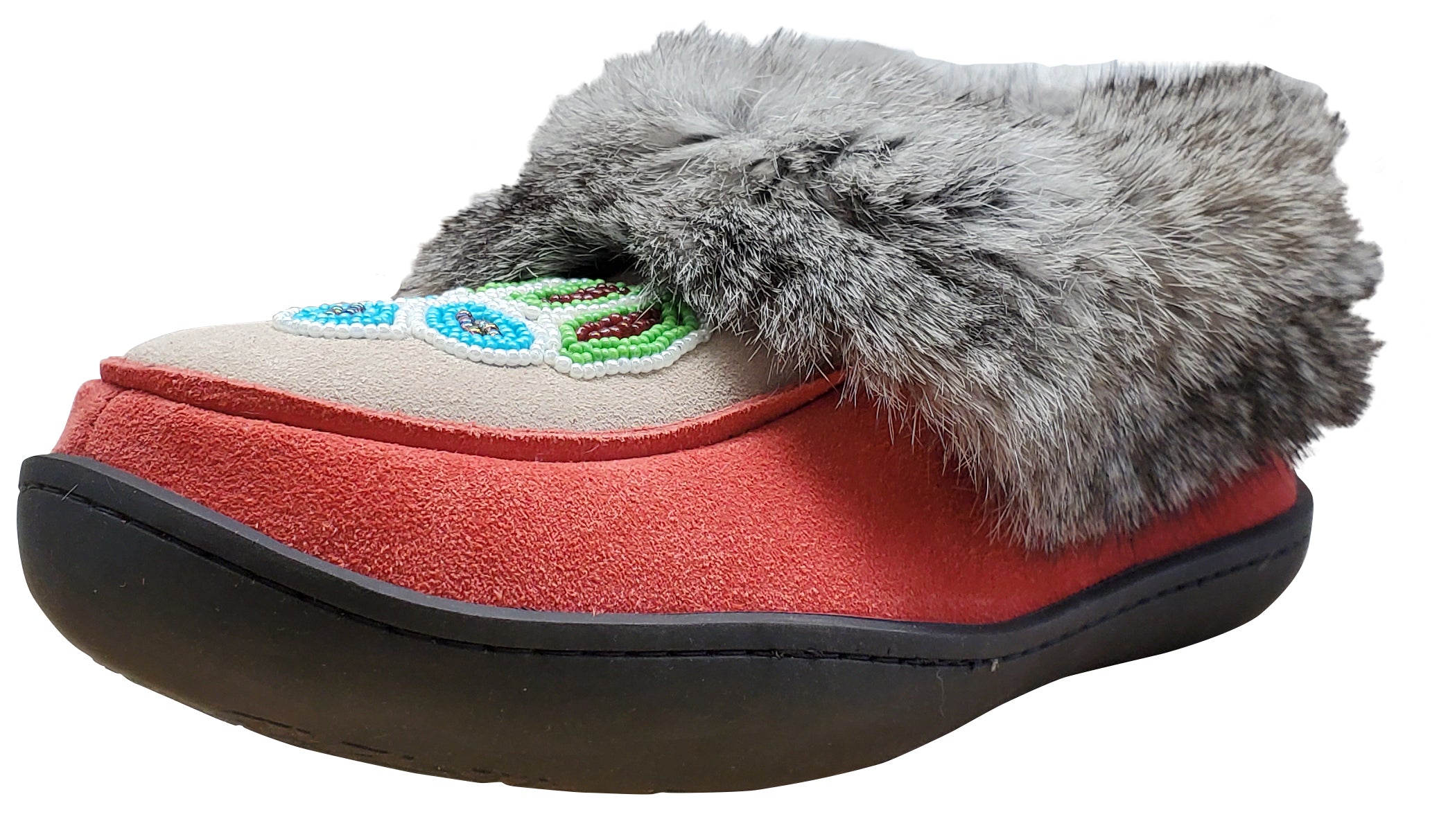Women's Suede Slipper, lined, rubber, Chinchilla Rabbit, Red