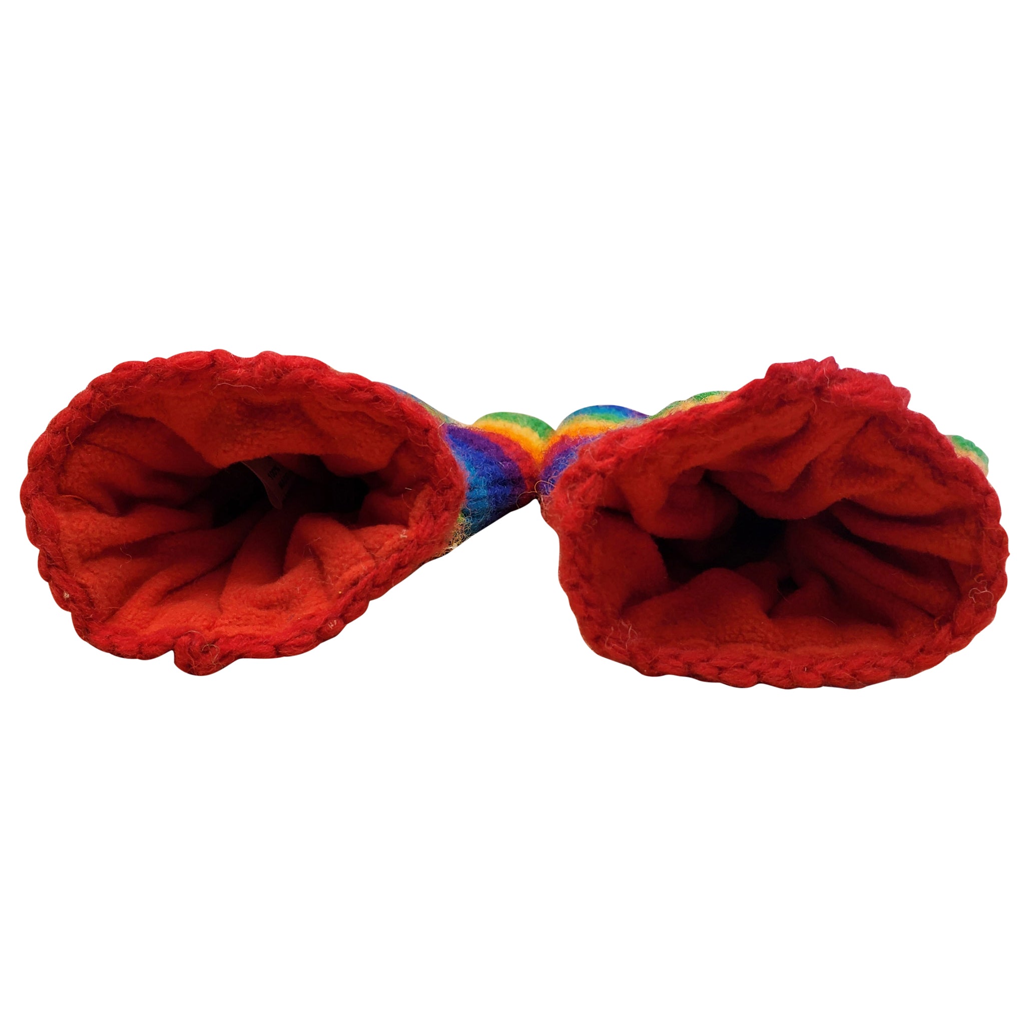 Red dog toy with a multicolored handle on a white background