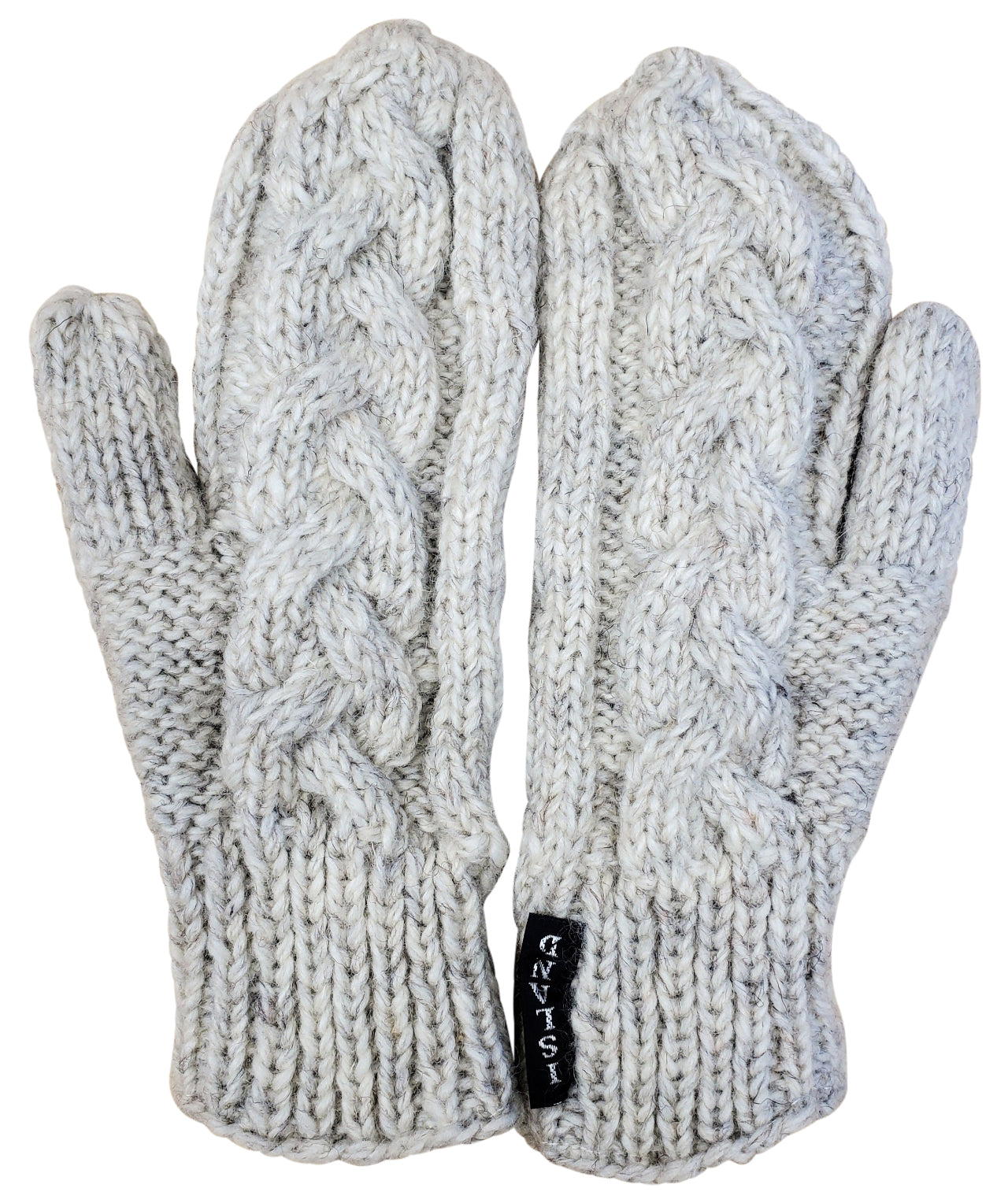 Wool Cable Mittens Hand Knit, Fleece Lined, Light Natural