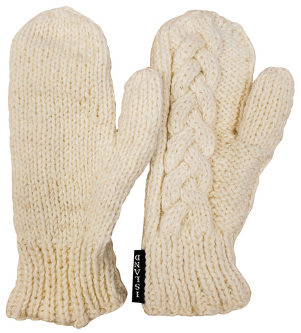 Wool Cable Mittens Hand Knit, Fleece Lined, Natural