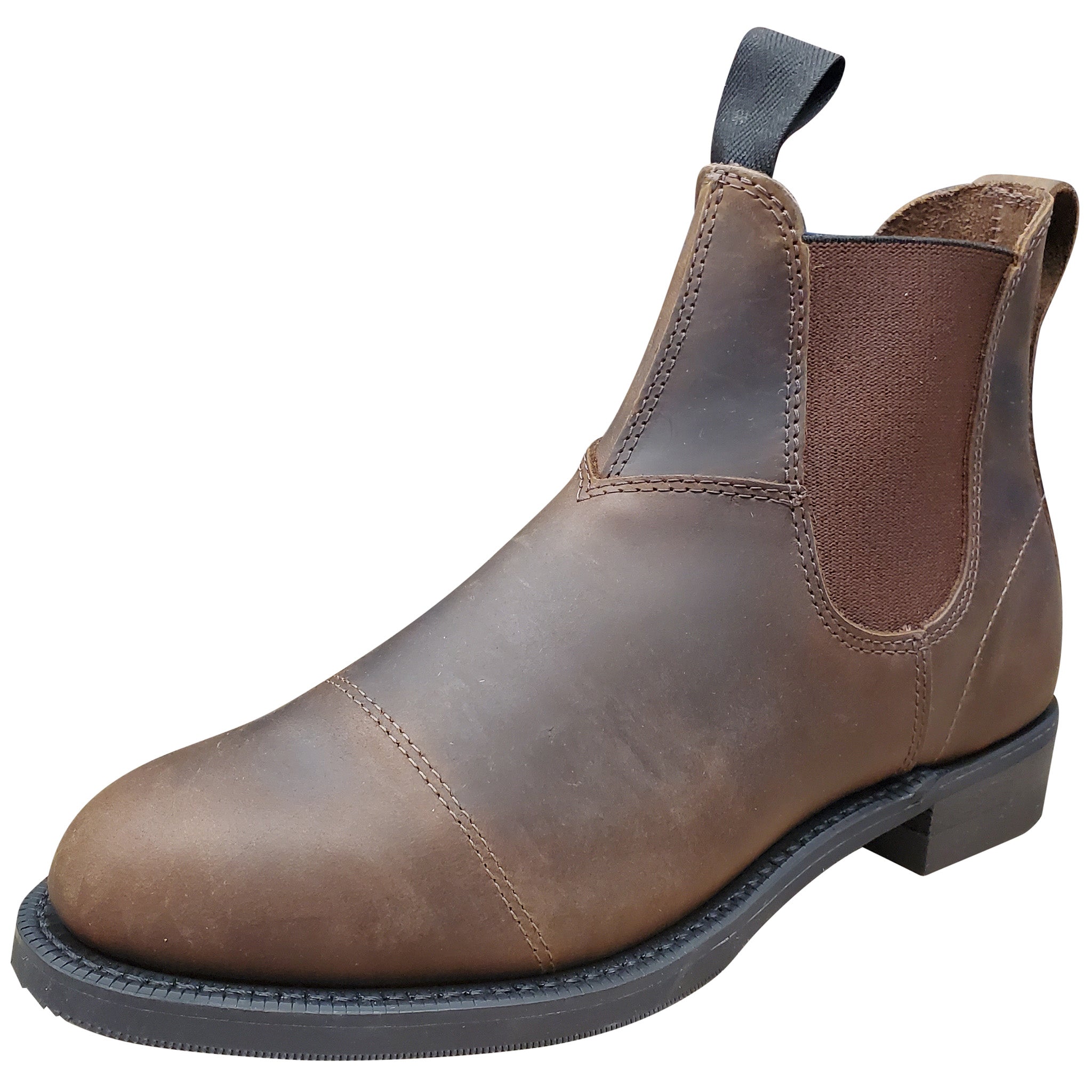 A black leather women's boot with a pull tab on the heel and a side gusset, featuring a low heel and round toe.