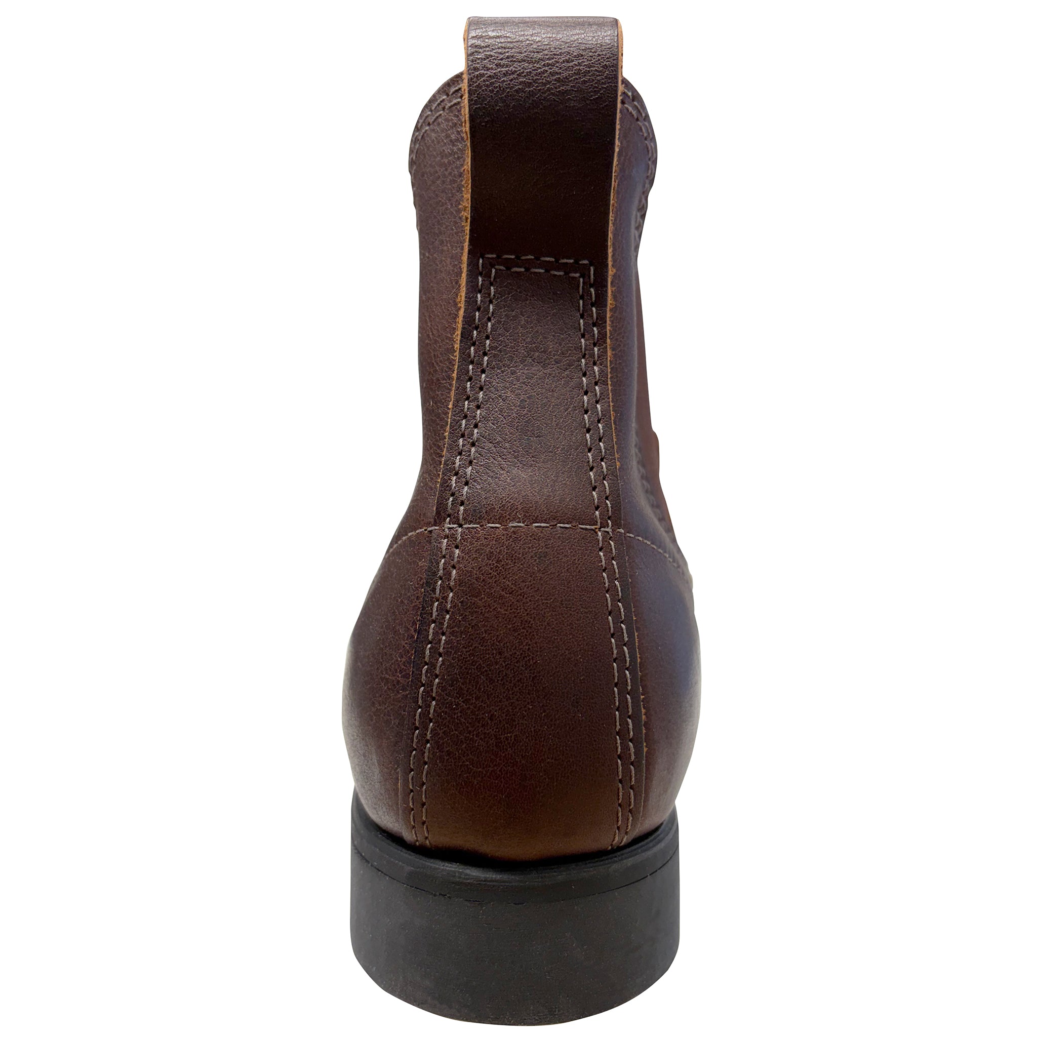 Brown leather shoe with a black sole on a white background
