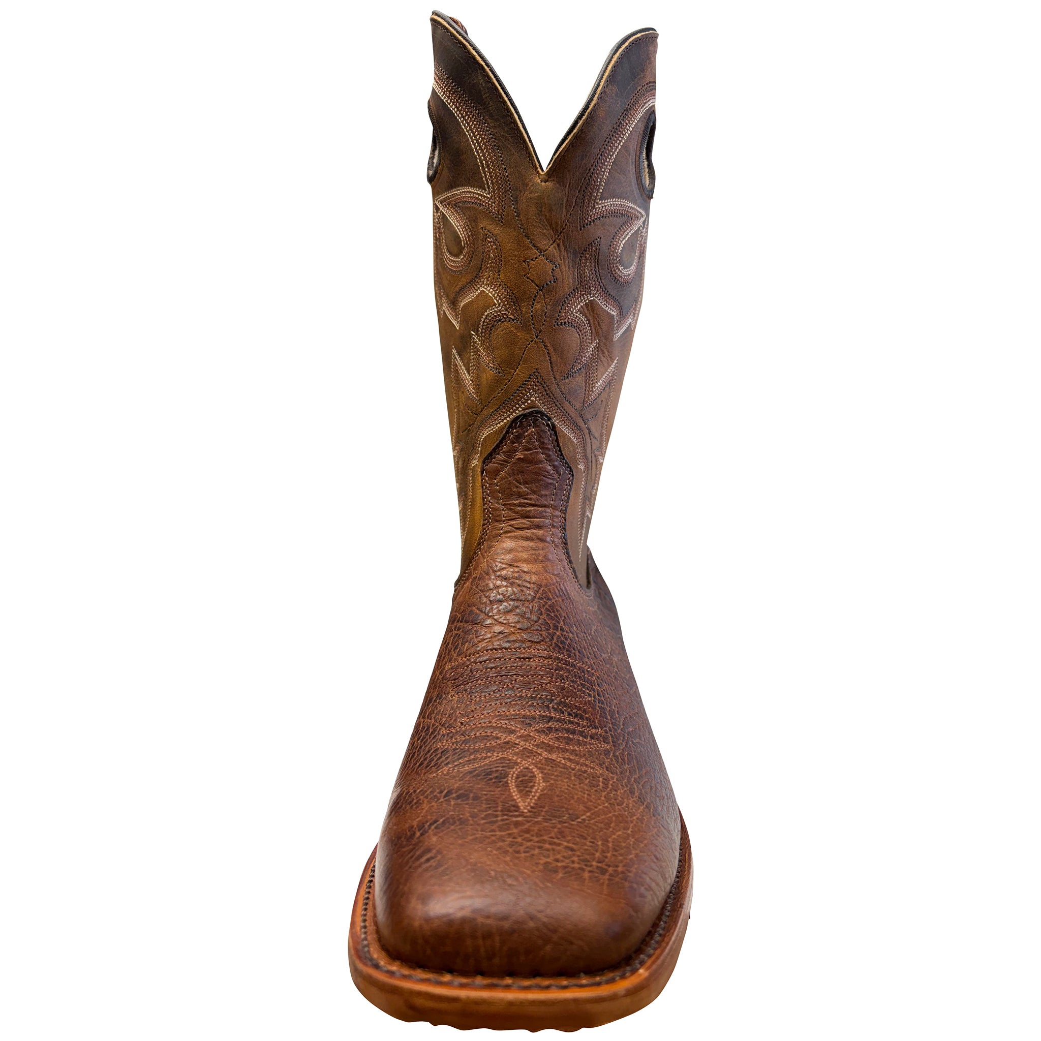 Brown cowboy boot with intricate stitching on a white background