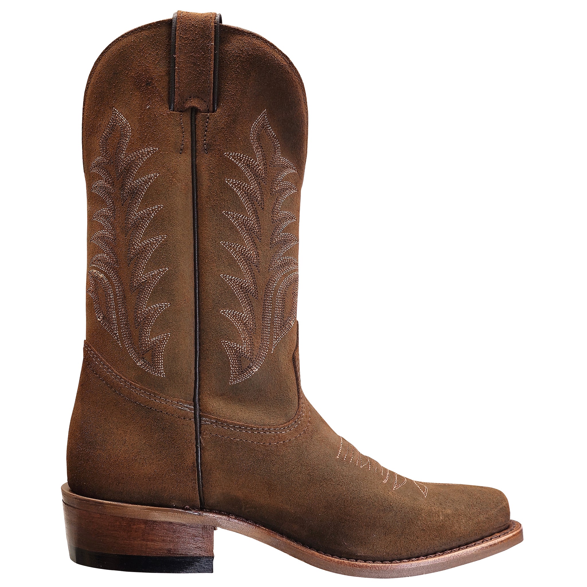 Brown cowboy boot with intricate stitching on a white background