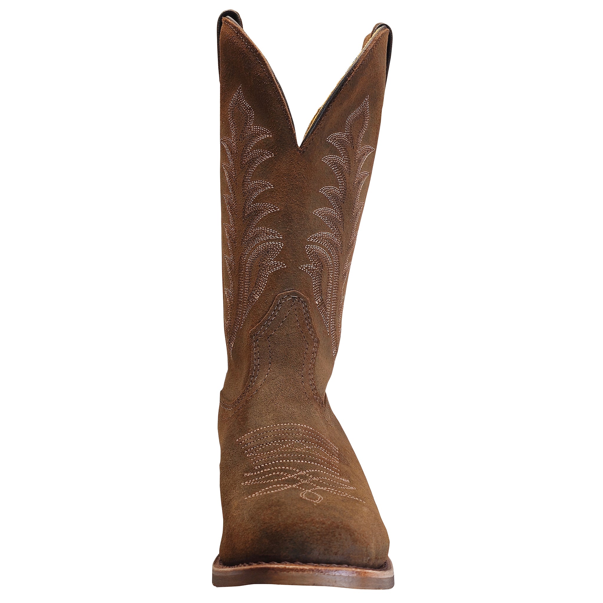 Brown cowboy boot with intricate stitching on a white background