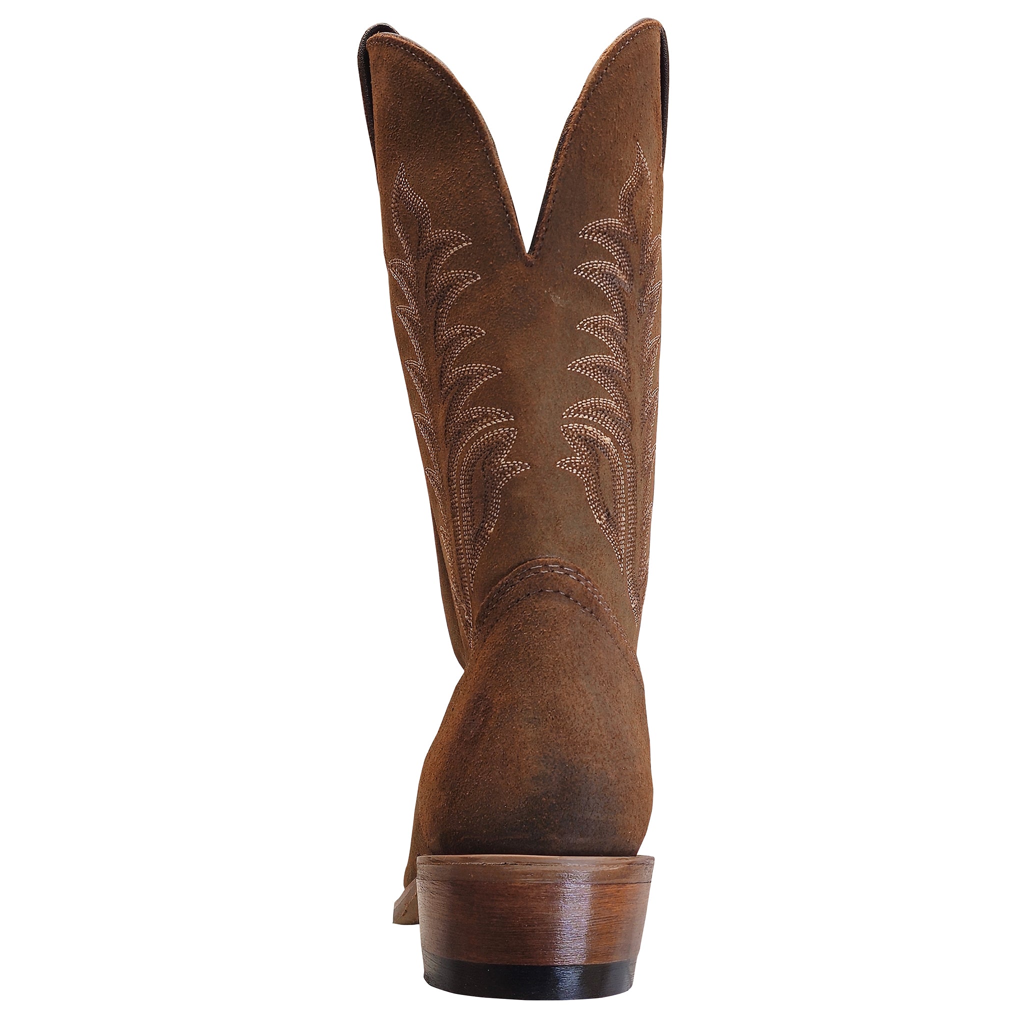 Brown cowboy boot with intricate stitching on a white background