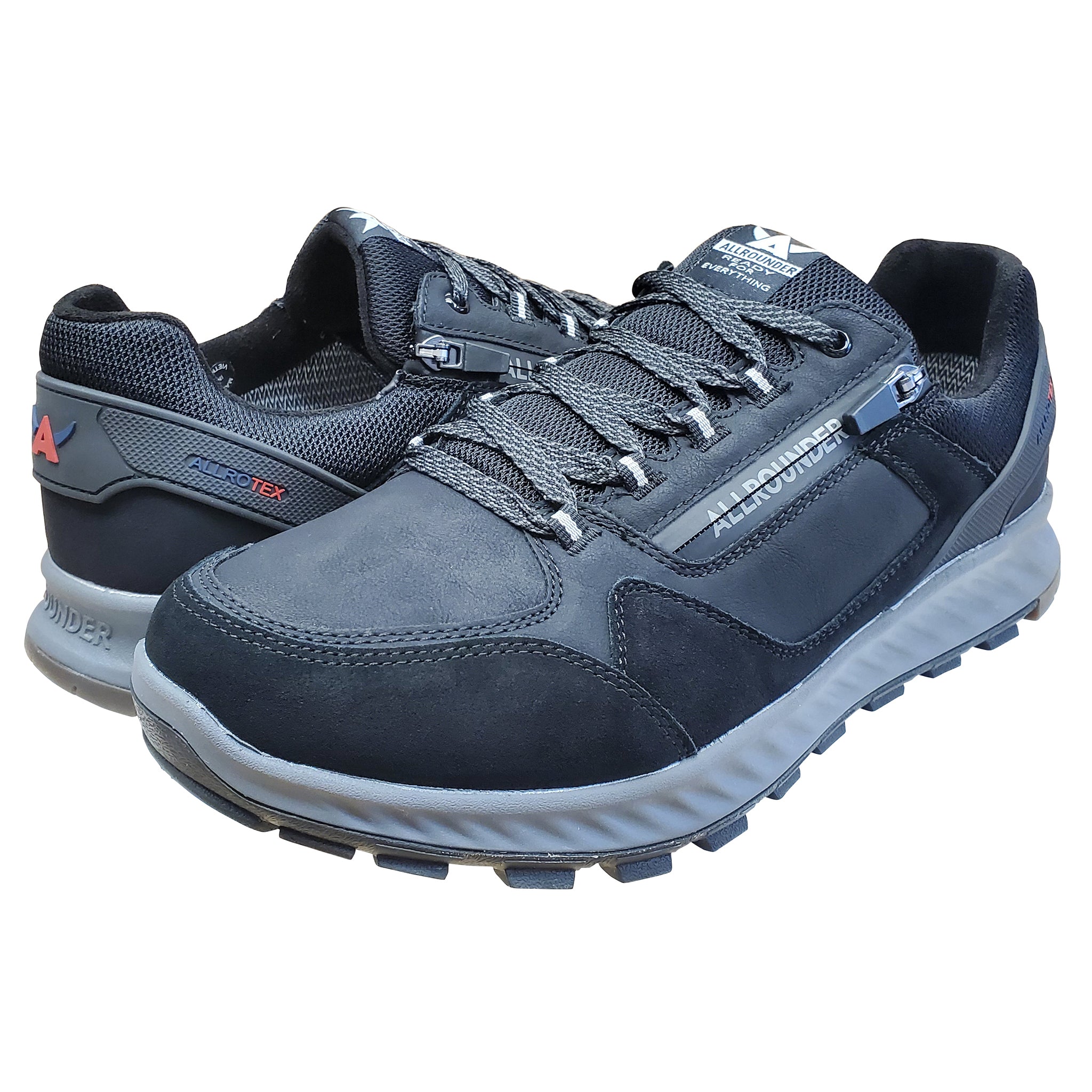 Pair of blue hiking shoes with visible brand logo on a white background