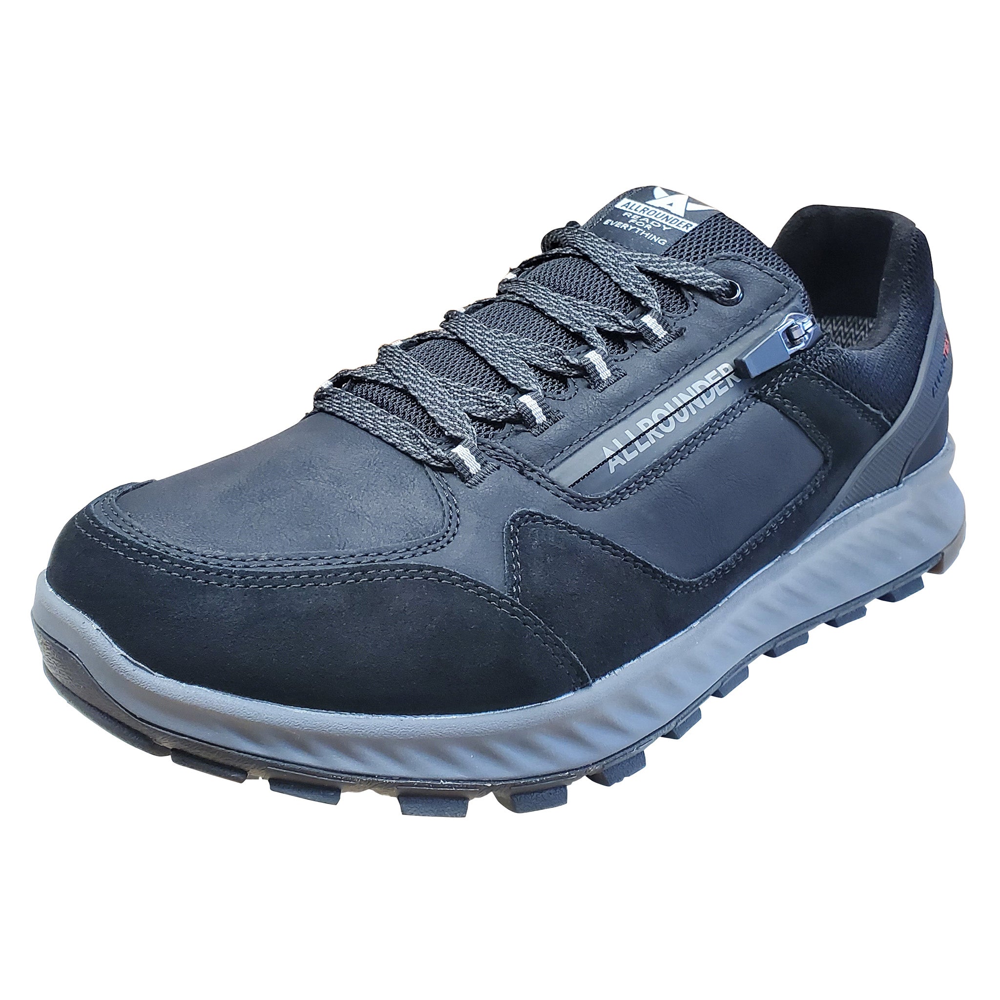 Navy hiking shoe with white sole on a white background