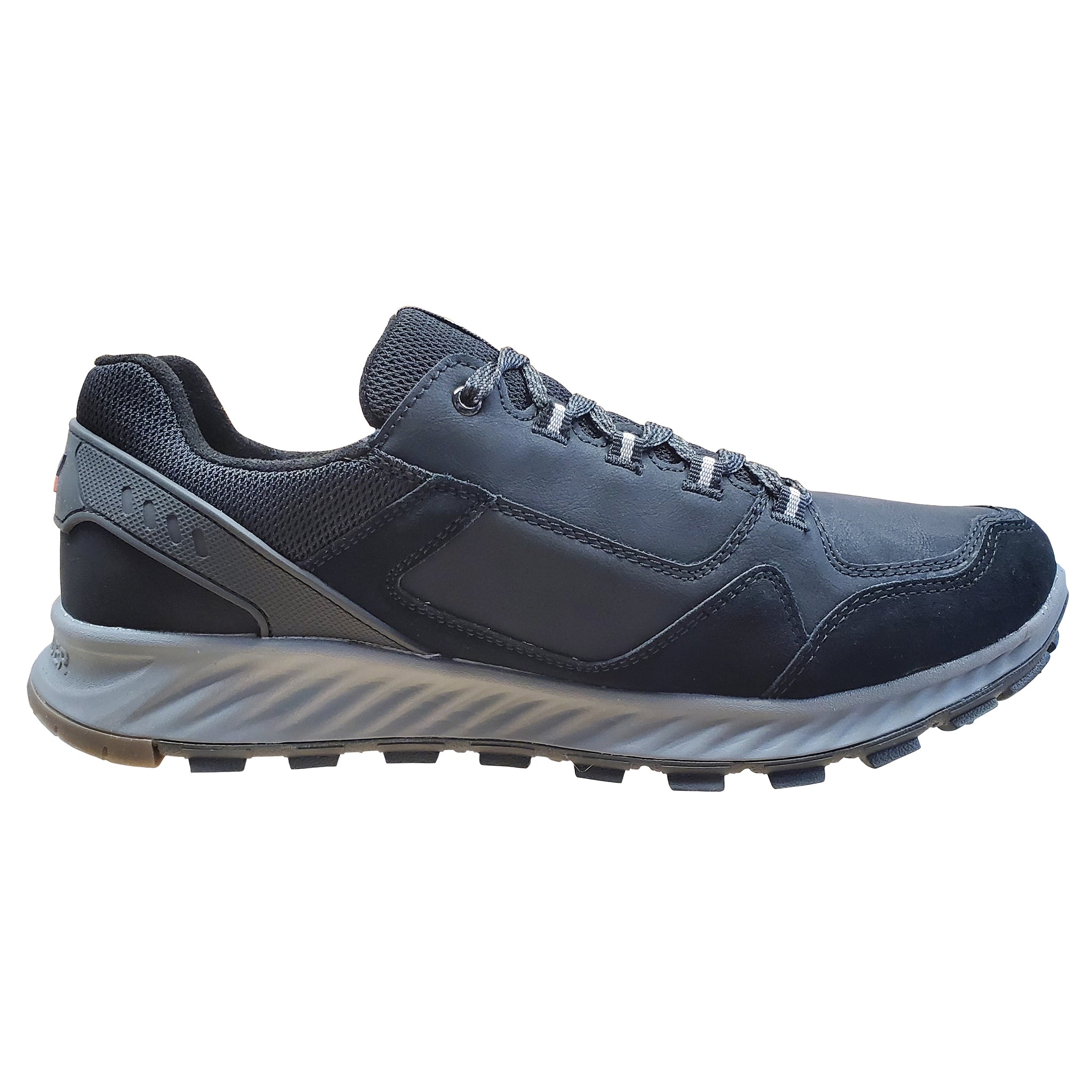 Navy blue athletic shoe with a white sole on a white background